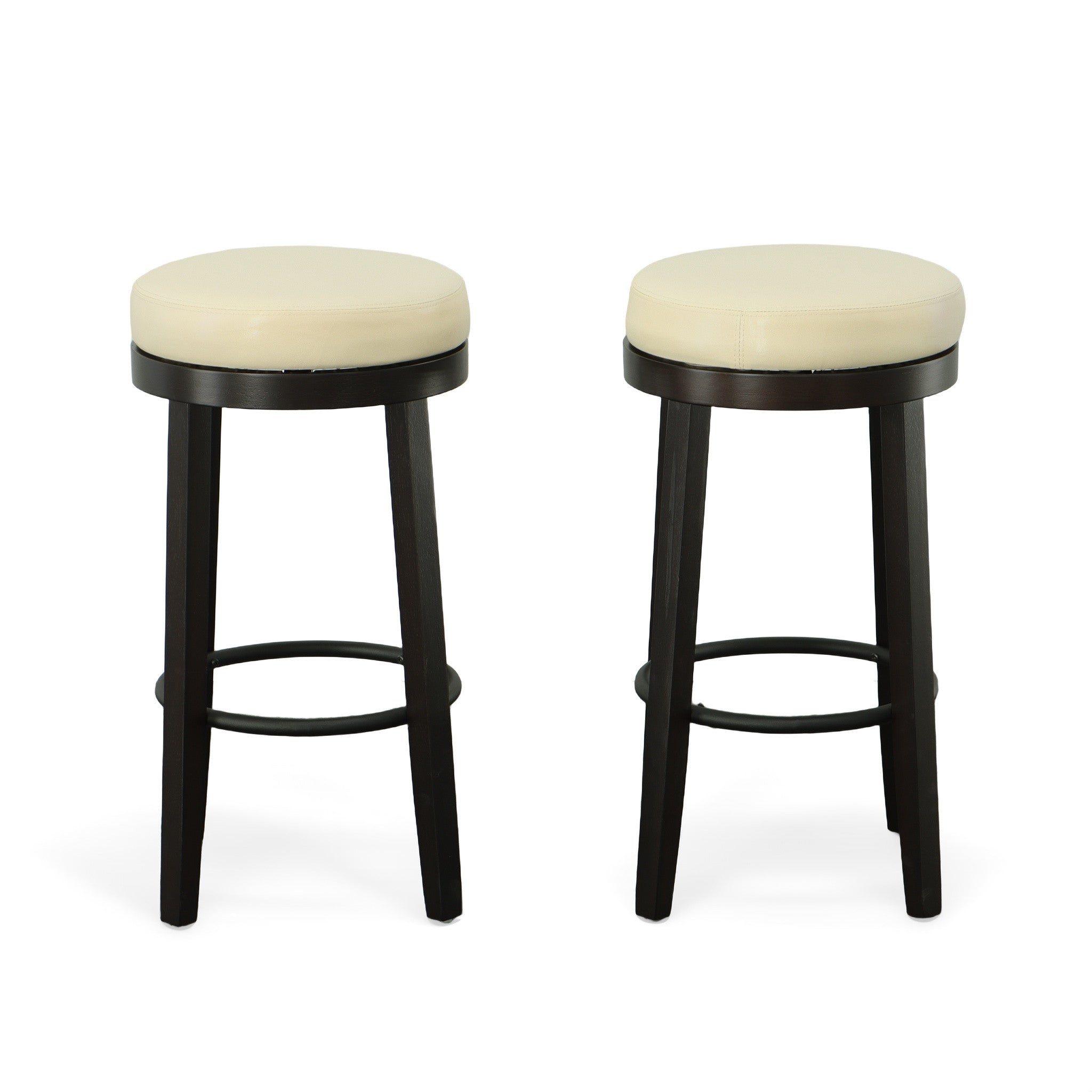 Set of Two 30" Cream and Espresso Faux Leather and Solid Wood Backless Bar Height Swivel Bar Chairs