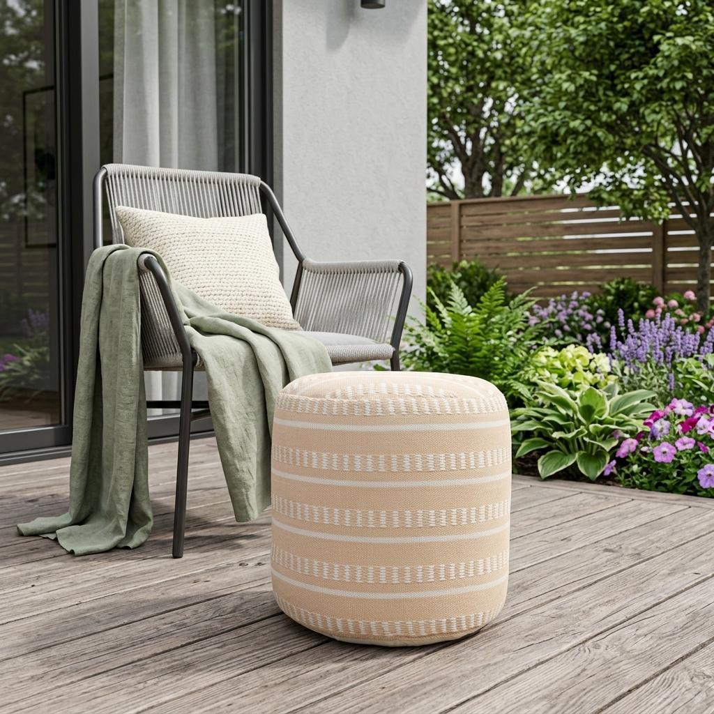 20" Orange Polyester Round Striped Indoor Outdoor Pouf Ottoman