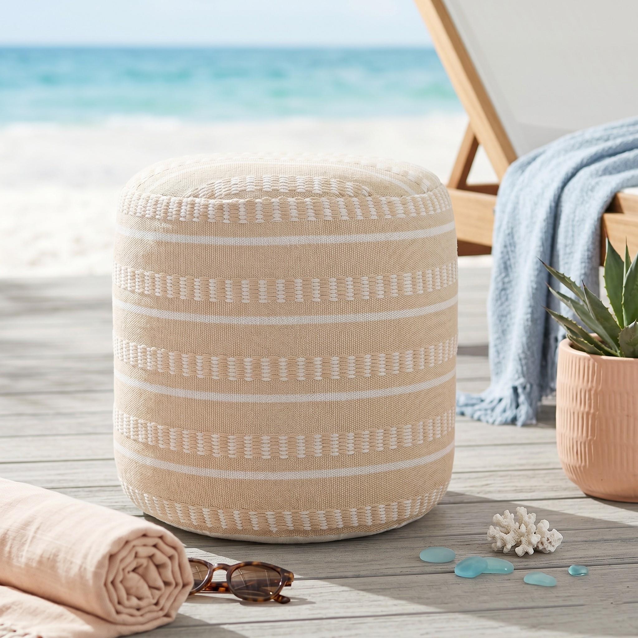 20" Orange Polyester Round Striped Indoor Outdoor Pouf Ottoman
