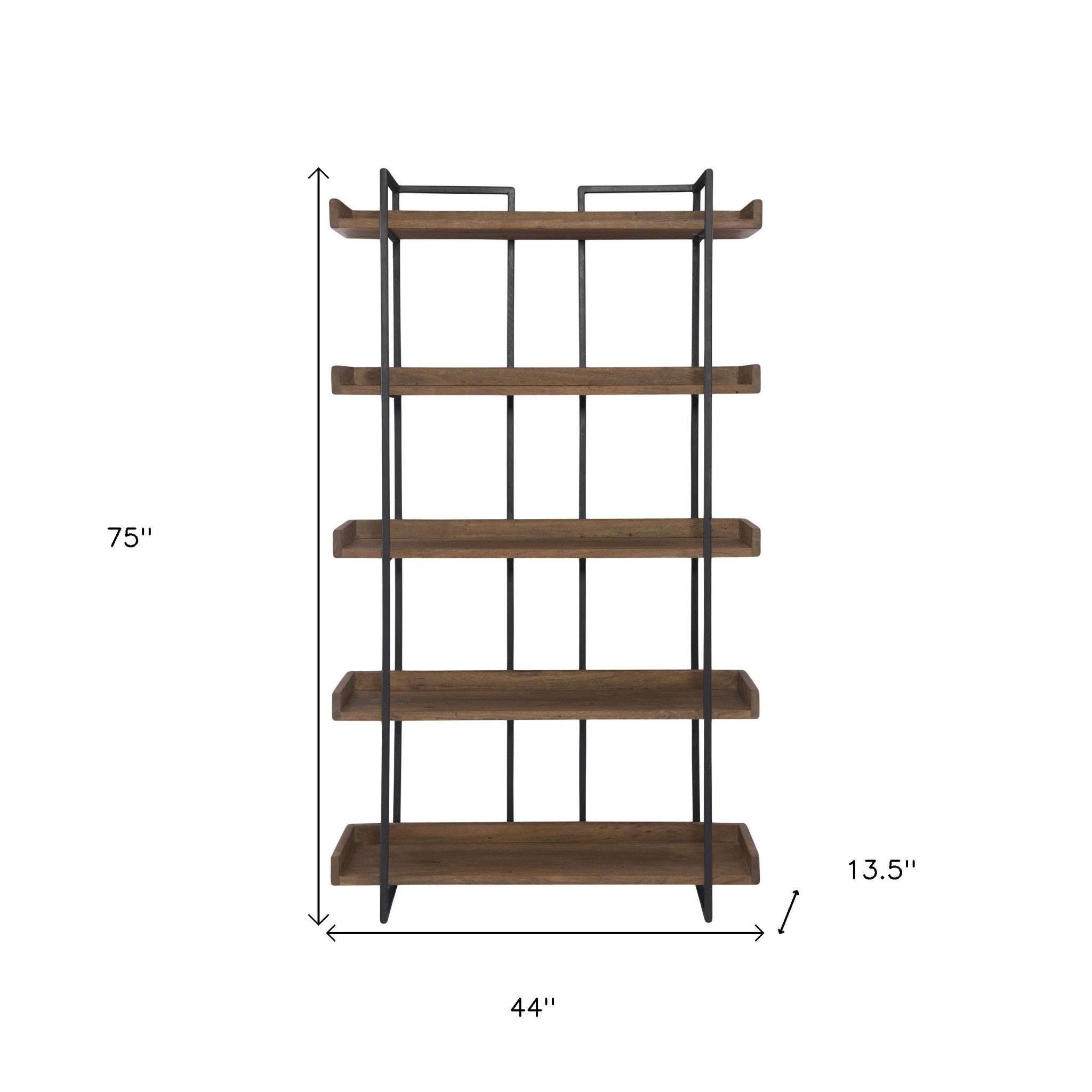 75" Black And Brown Metal and Wood Five Tier Bookcase