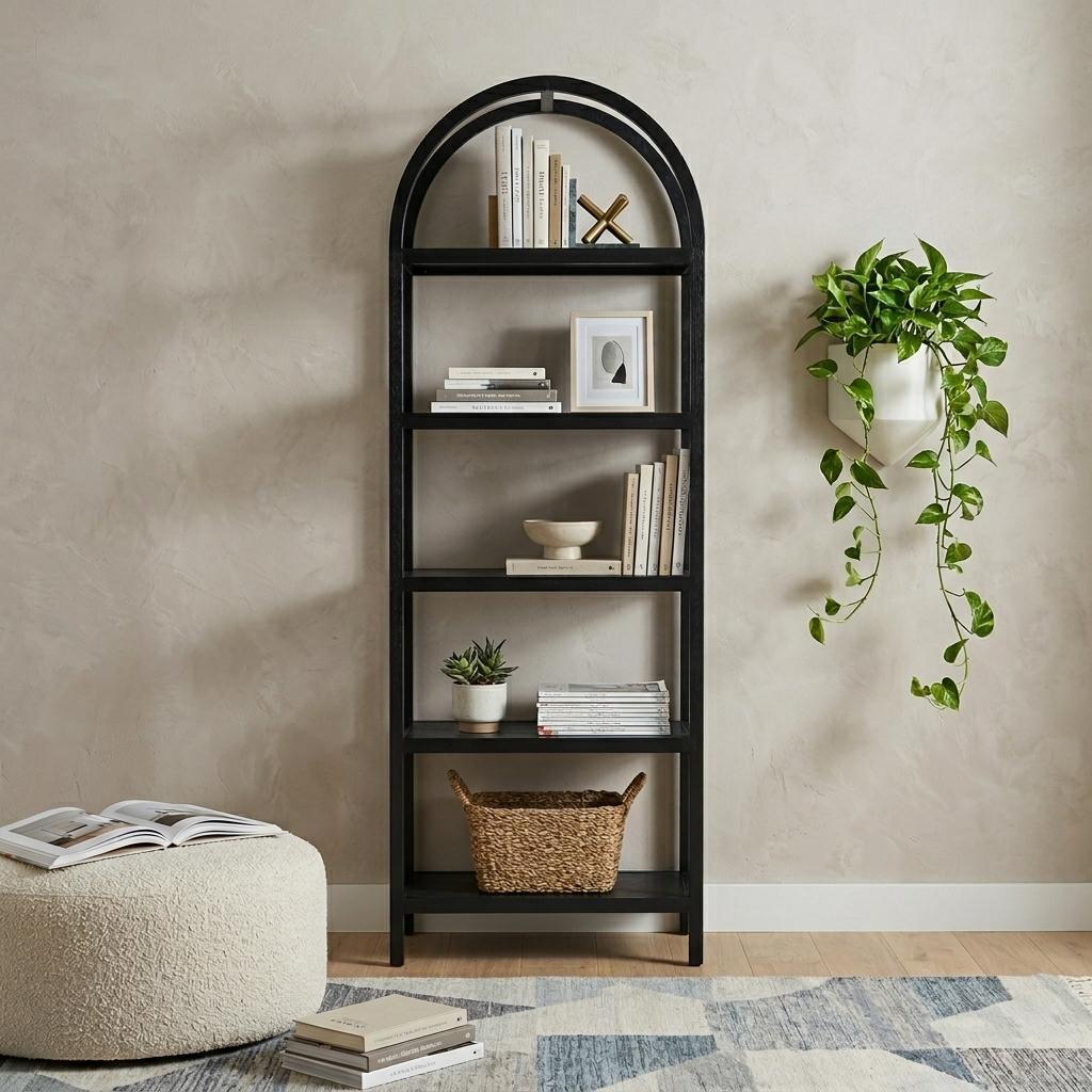 80" Black Oak Wood Five Tier Arched Top Bookcase