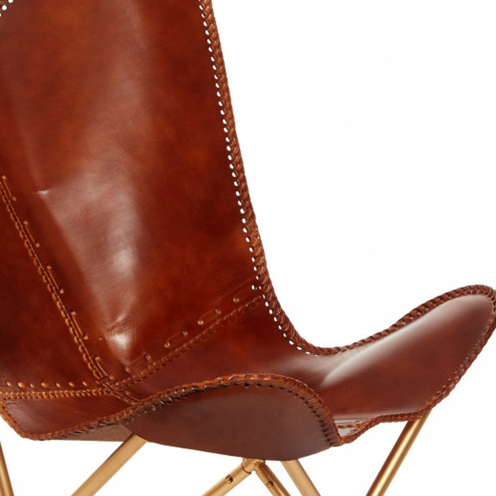 32" Brown and Gold Genuine Leather Butterfly Chair