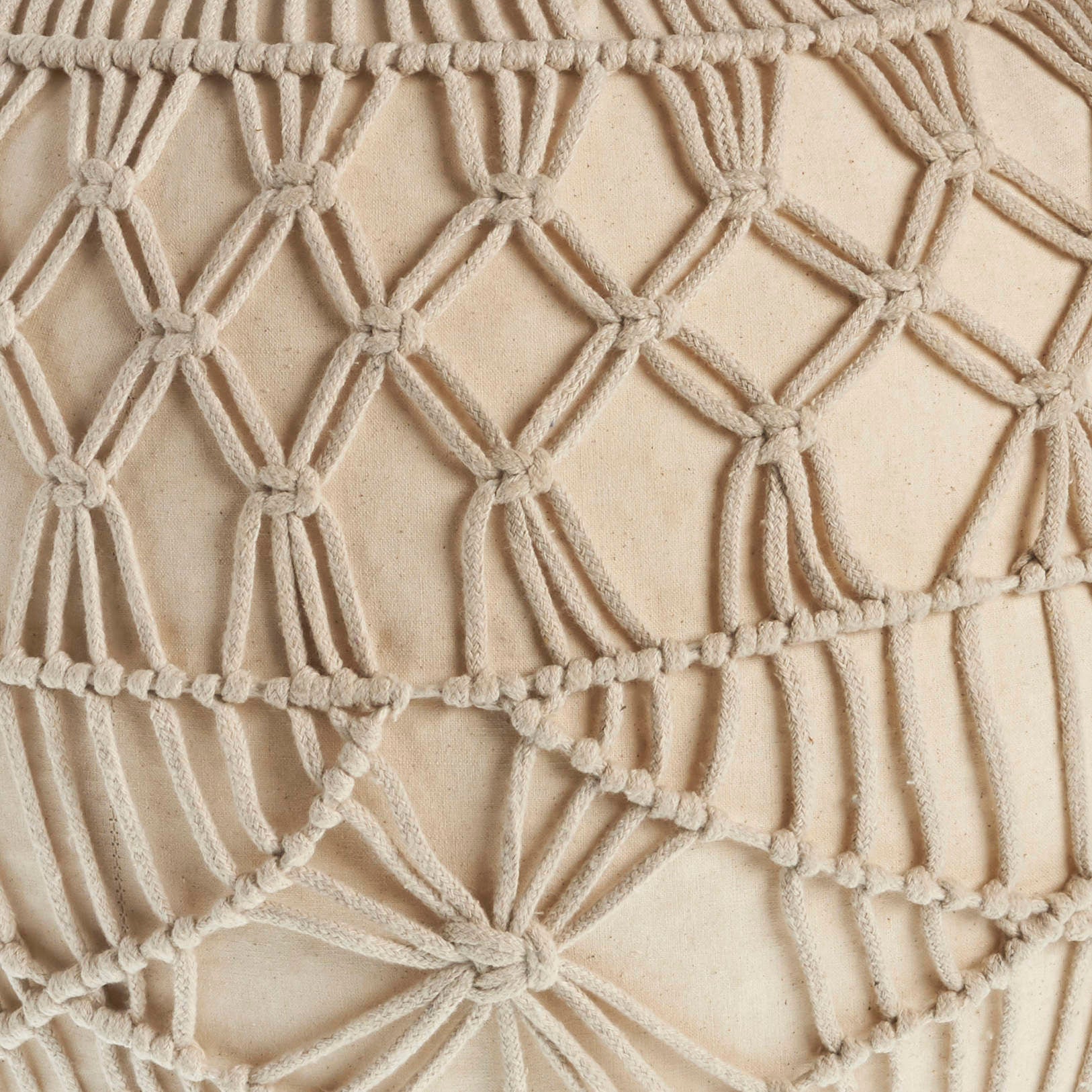20" Cream Cotton Tufted Round Geometric Pouf Ottoman
