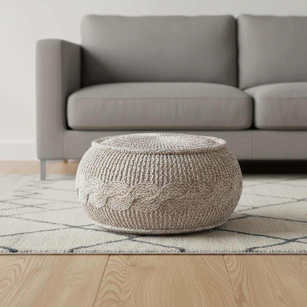 20" Beige Cotton Geometric Round Pouf Ottoman