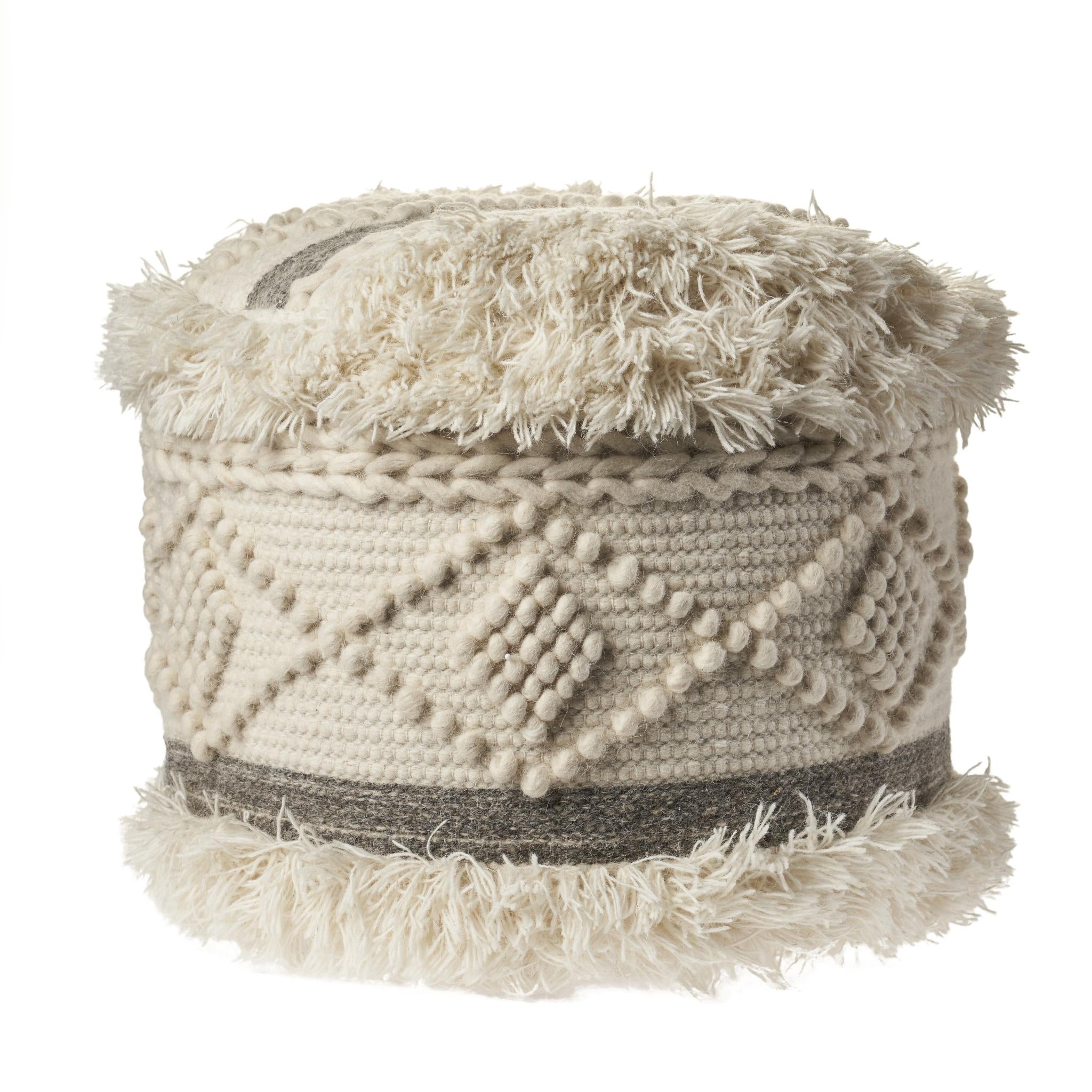 18" Cream Wool Cotton Blend Geometric Round Pouf Ottoman