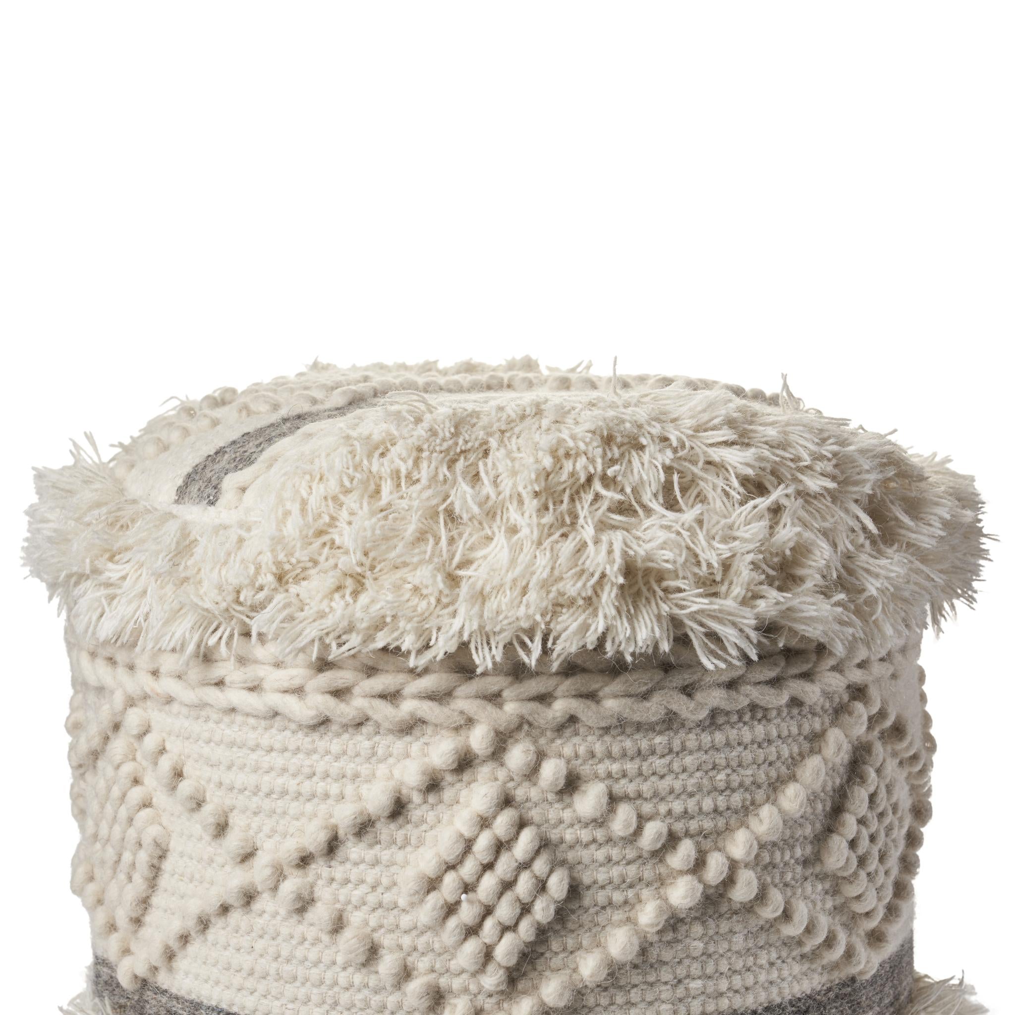 18" Cream Wool Cotton Blend Geometric Round Pouf Ottoman