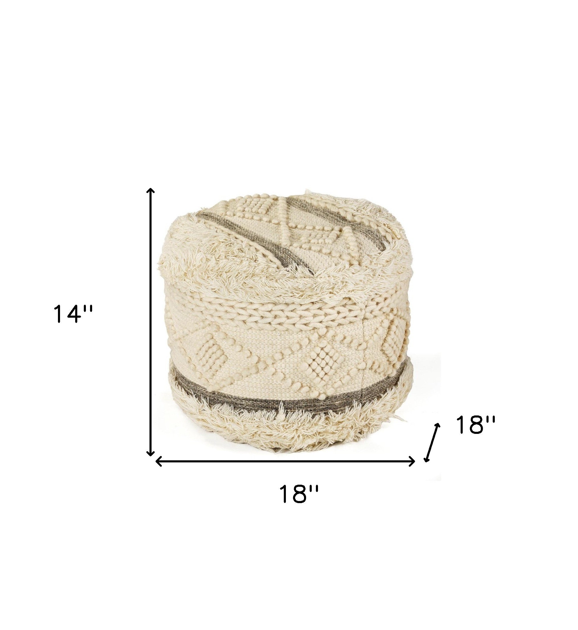 18" Cream Wool Cotton Blend Geometric Round Pouf Ottoman