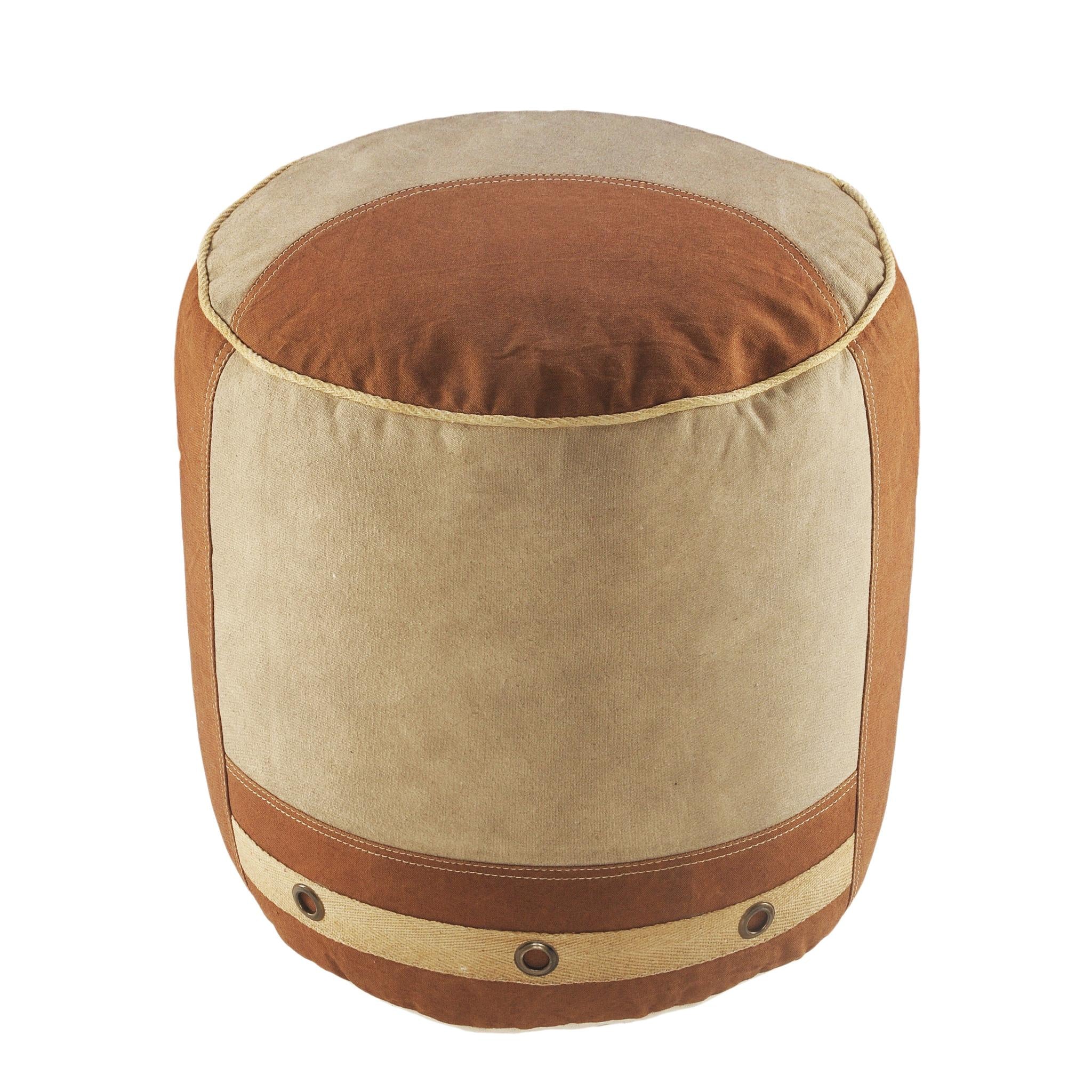 16" Tan Cotton Striped Cylinder Pouf Ottoman