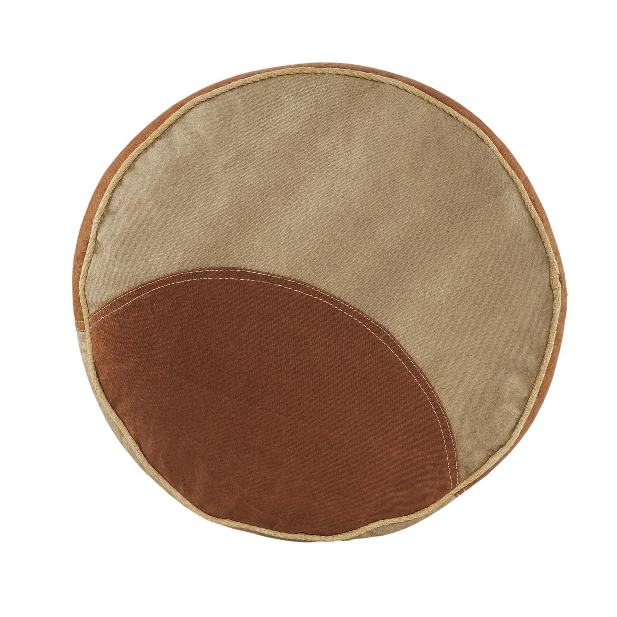 16" Tan Cotton Striped Cylinder Pouf Ottoman