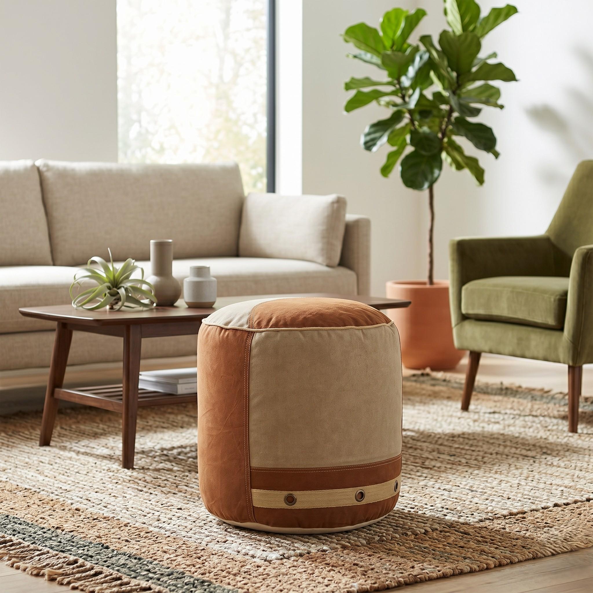 16" Tan Cotton Striped Cylinder Pouf Ottoman