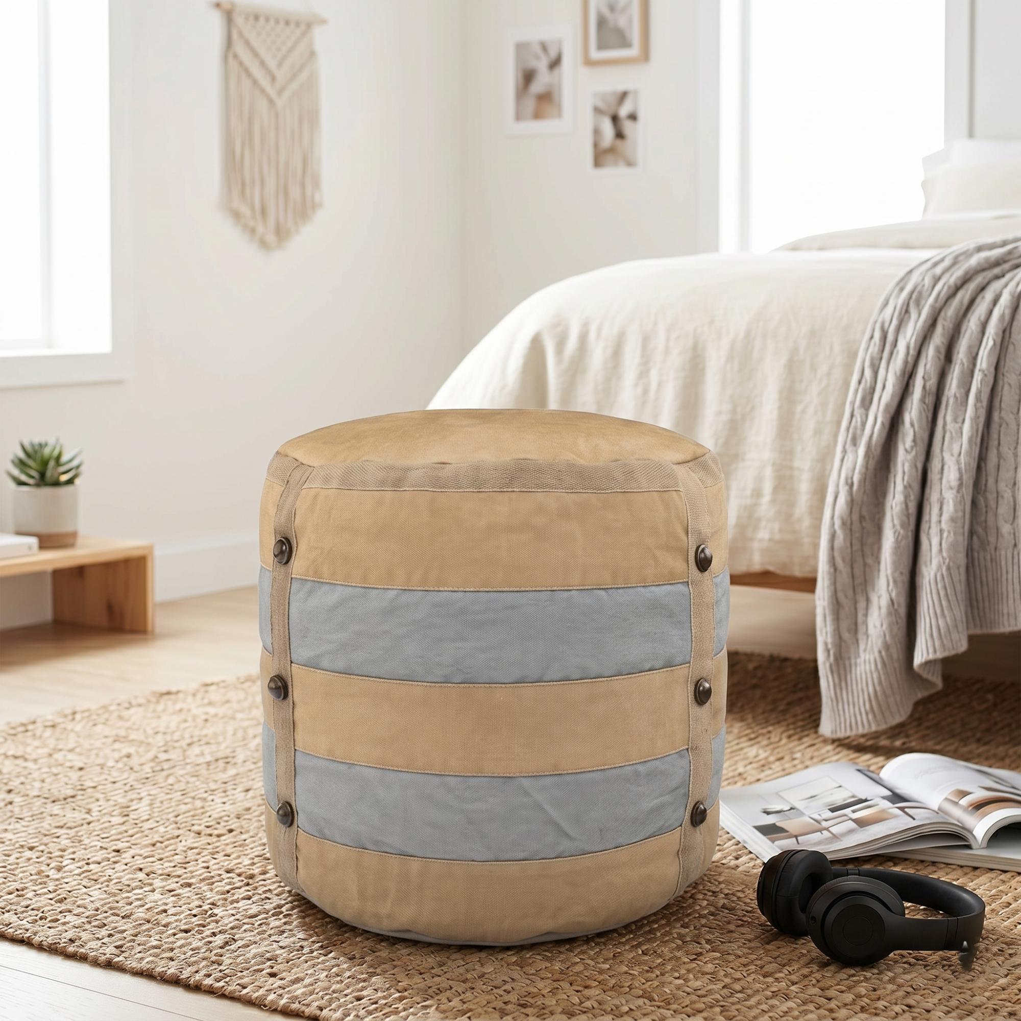 16" Tan Cotton Striped Cylinder Pouf Ottoman