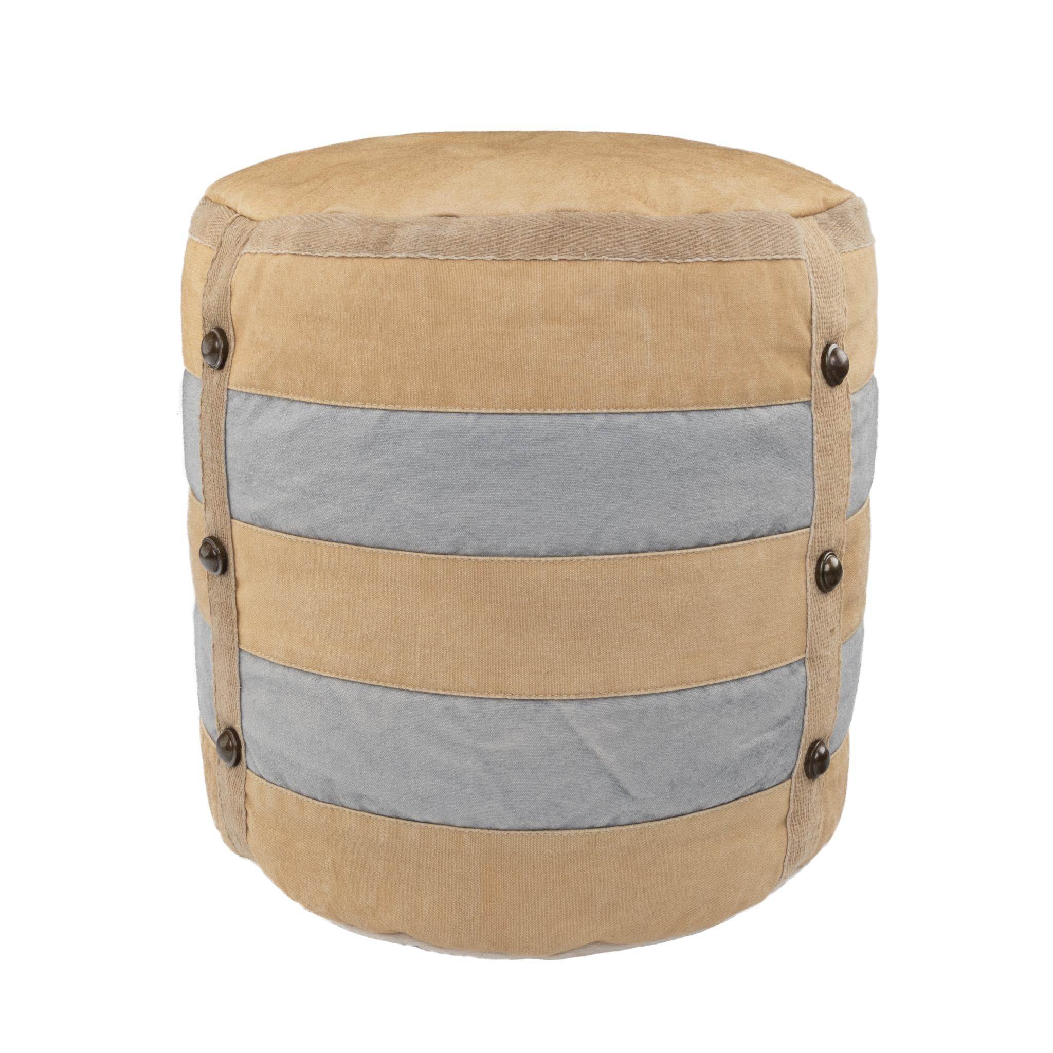 16" Tan Cotton Striped Cylinder Pouf Ottoman
