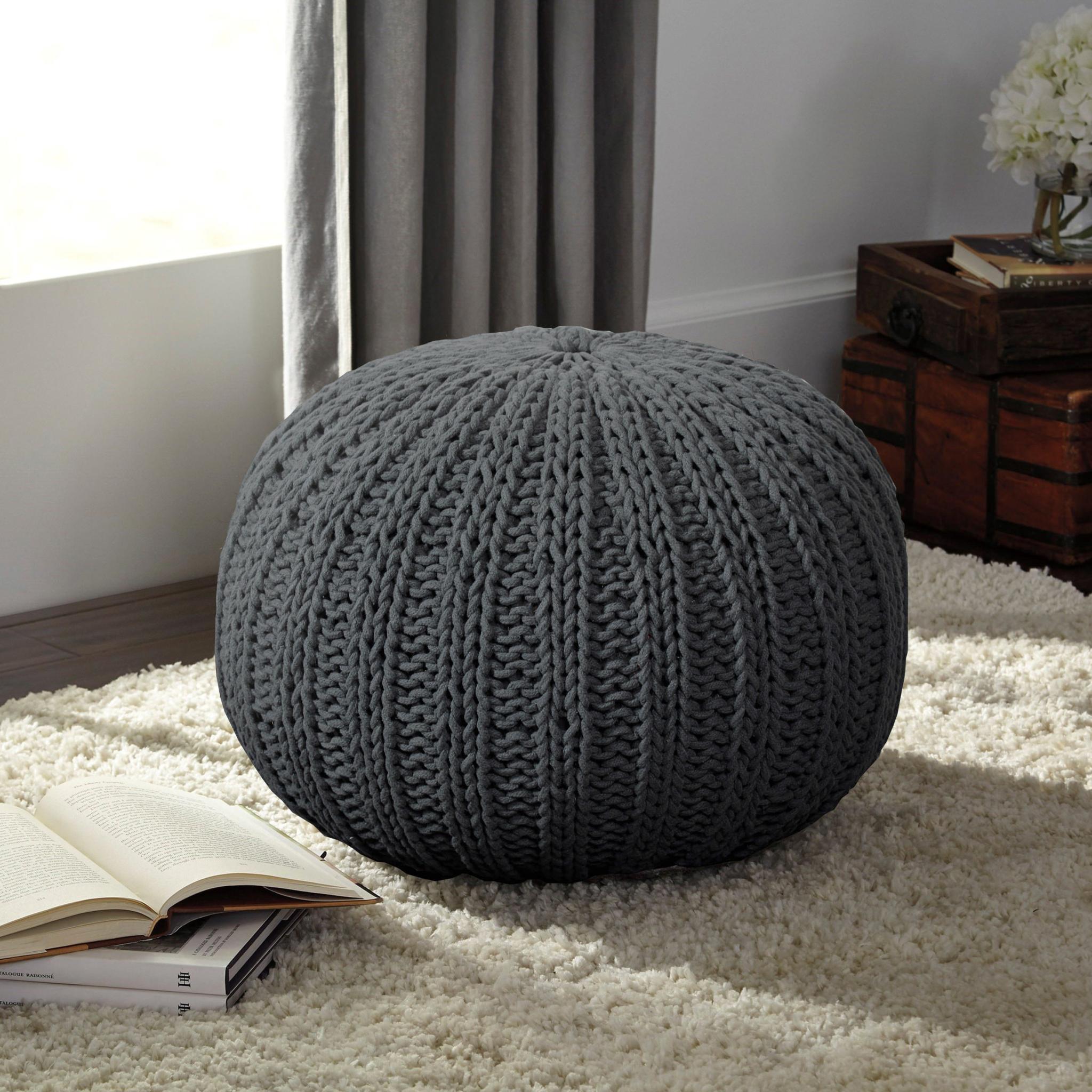 20" Black Cotton Round Pouf Ottoman