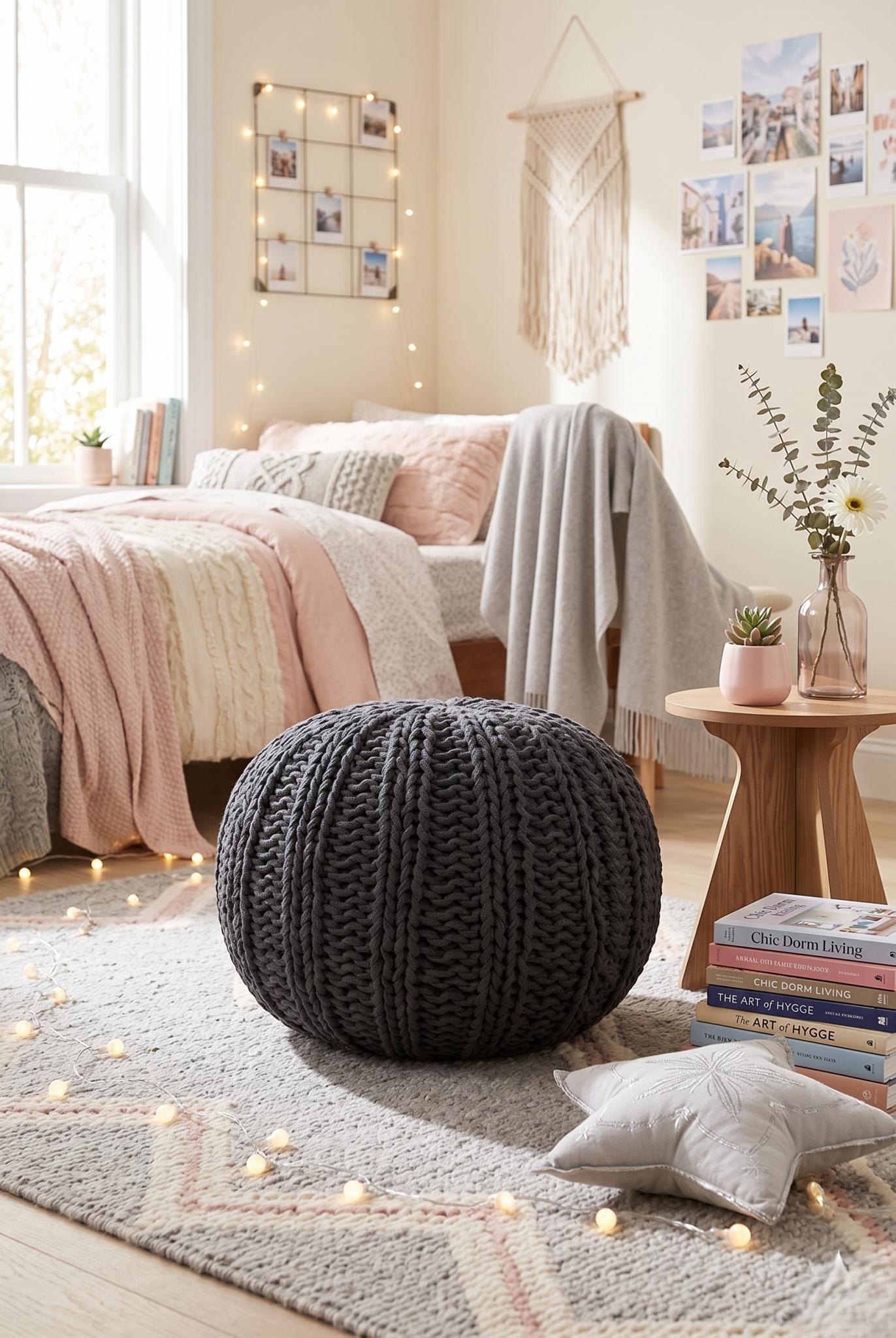 20" Black Cotton Round Pouf Ottoman