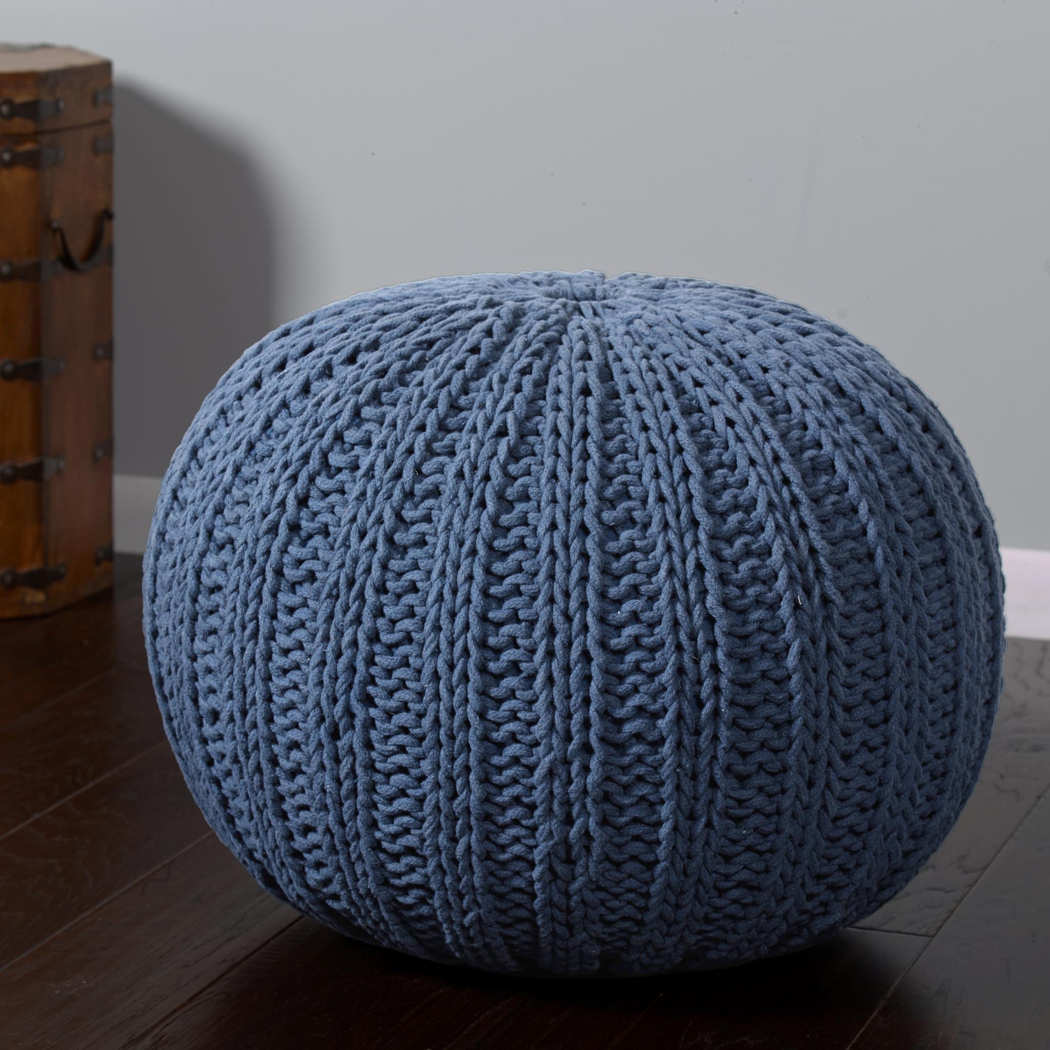 20" Blue Cotton Round Pouf Ottoman