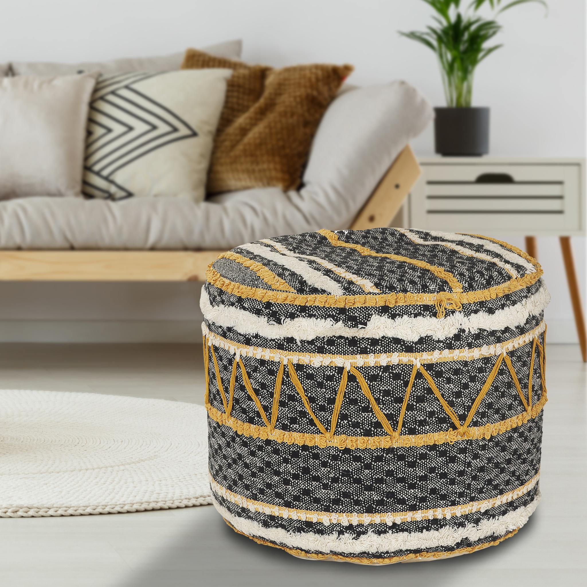 18" Black Cotton Striped Cylinder Pouf Ottoman
