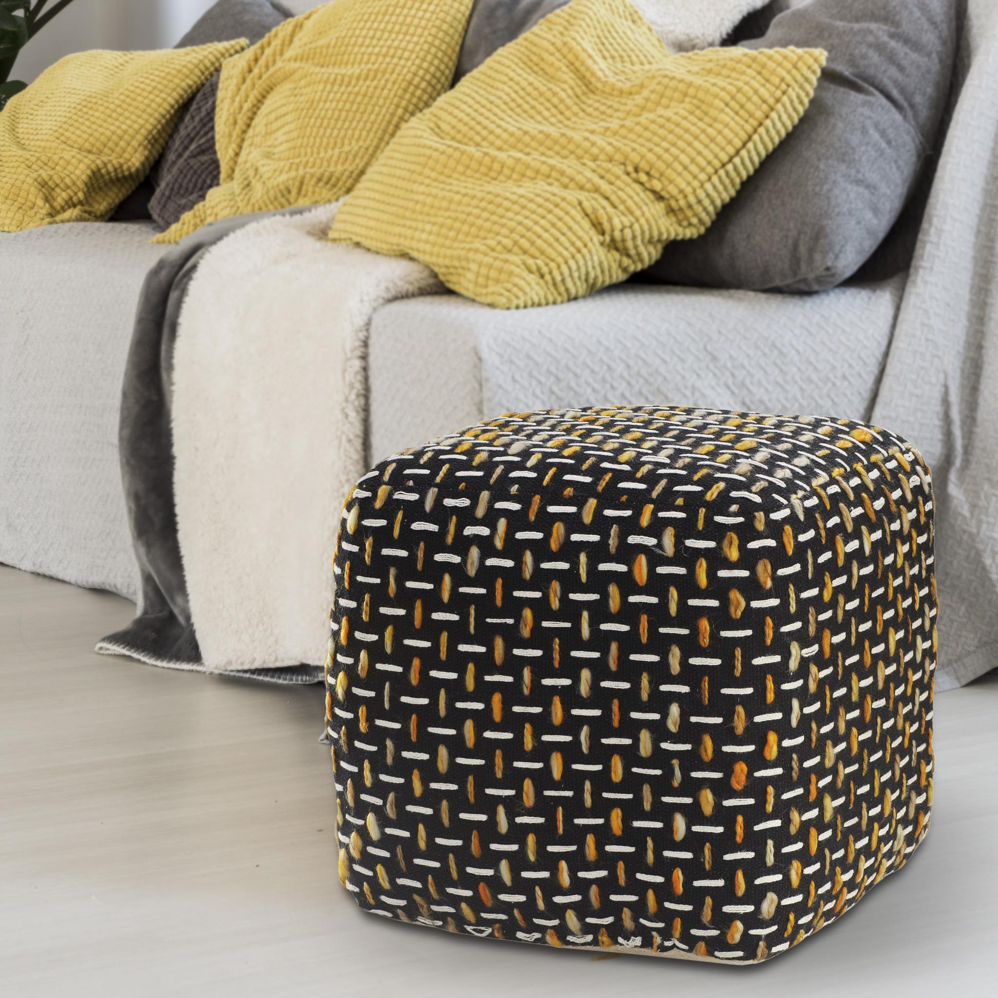 16" Black Upholstery Geometric Pouf Ottoman