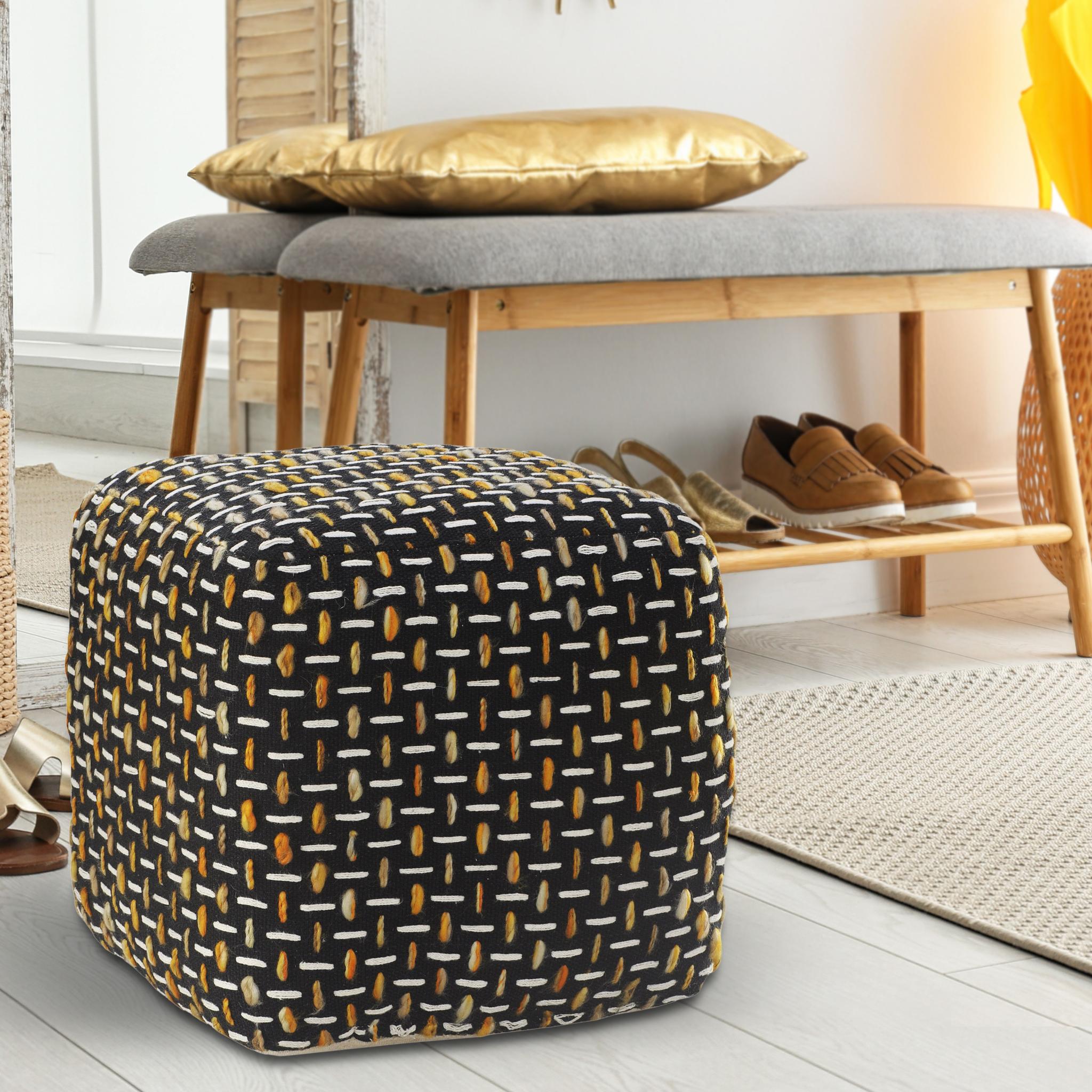 16" Black Upholstery Geometric Pouf Ottoman