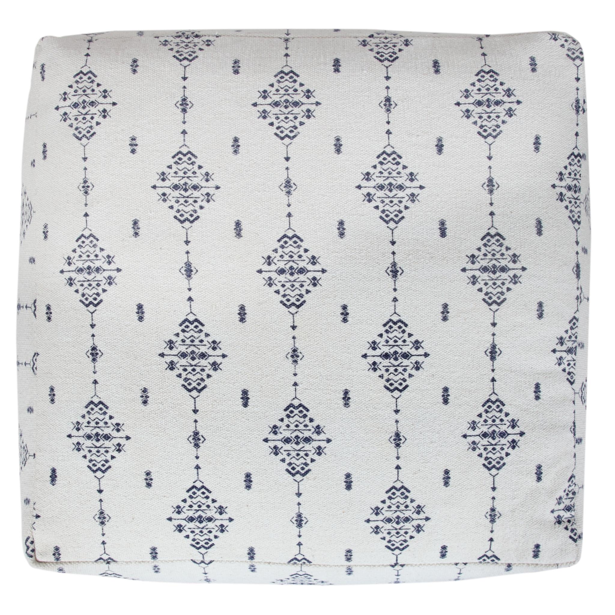 18" Natural And Navy Blue Cotton Medallion Pouf Ottoman