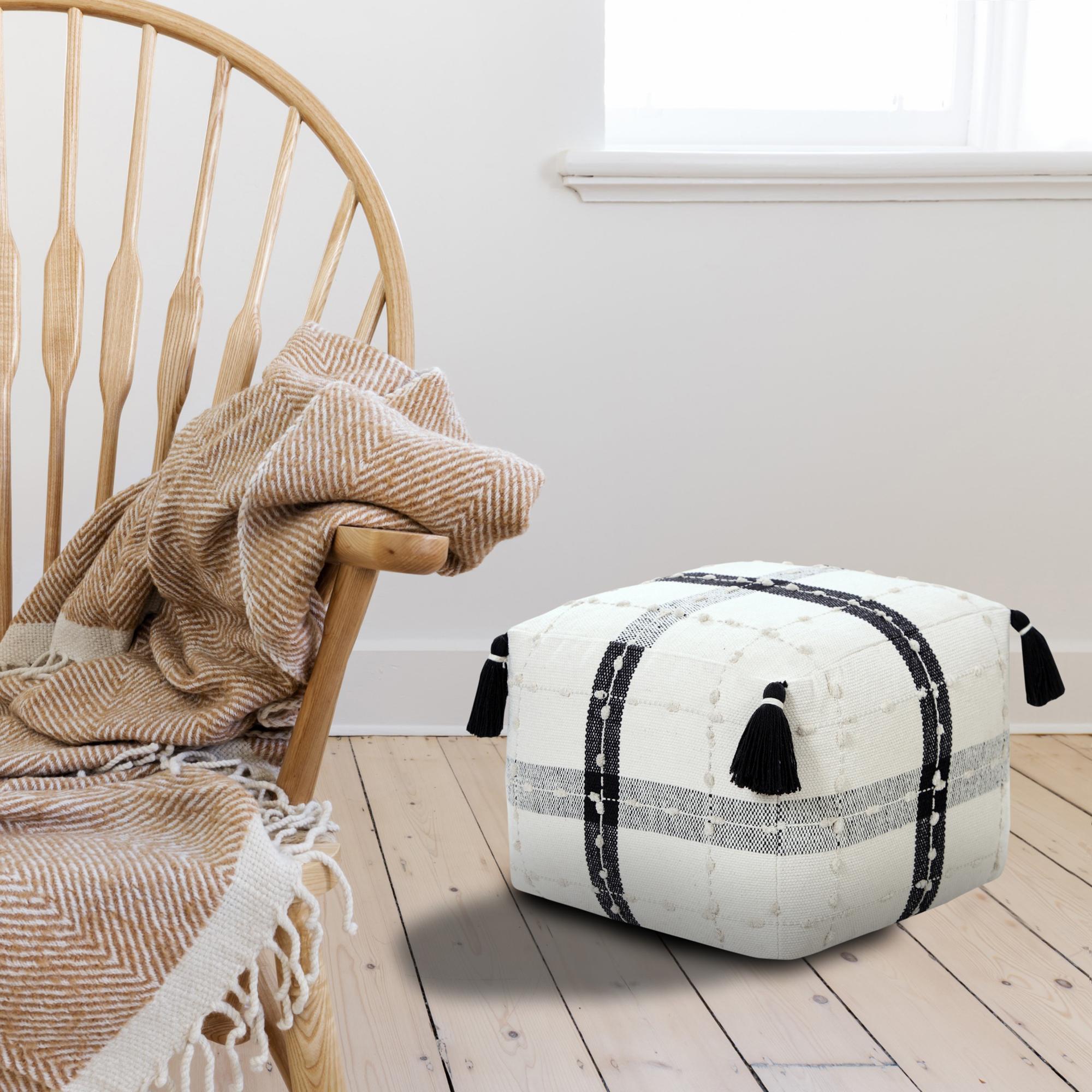 18" Black Cotton Striped Pouf Ottoman