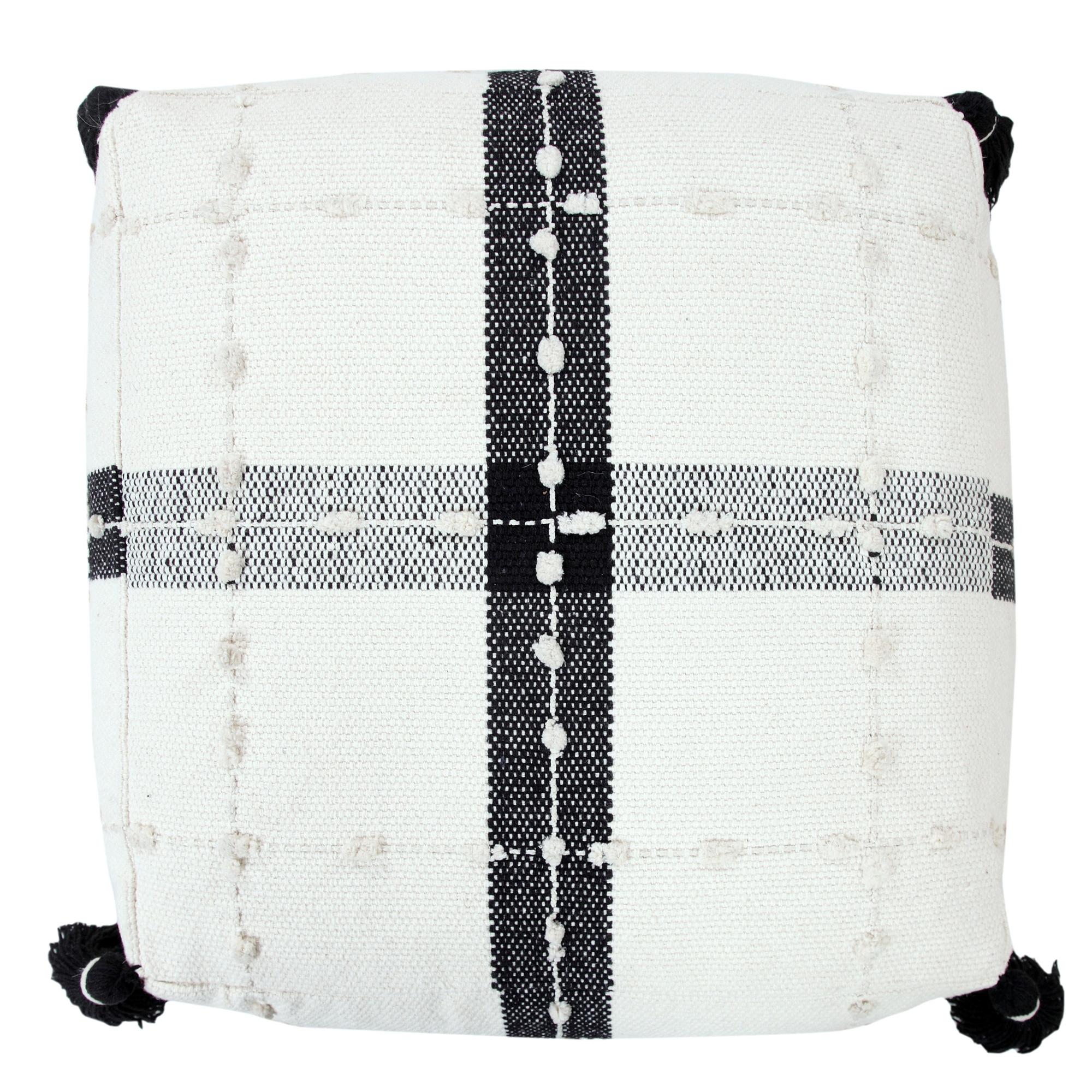18" Black Cotton Striped Pouf Ottoman