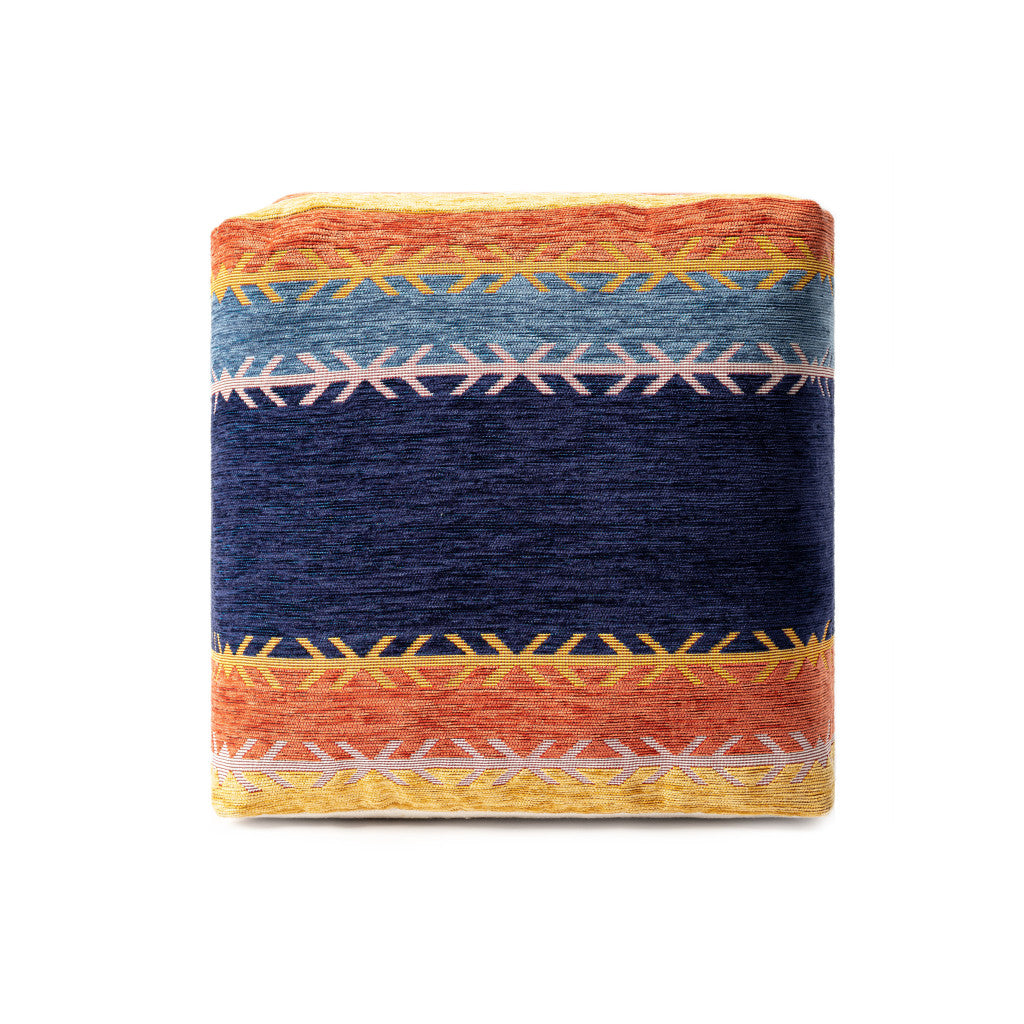 18" Blue And Orange Polyester Blend Striped Pouf Ottoman