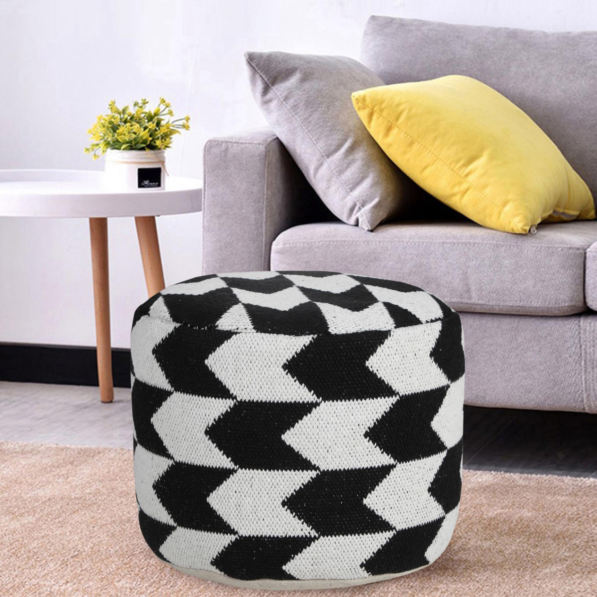 18" Black Chevron Cylinder Pouf Ottoman