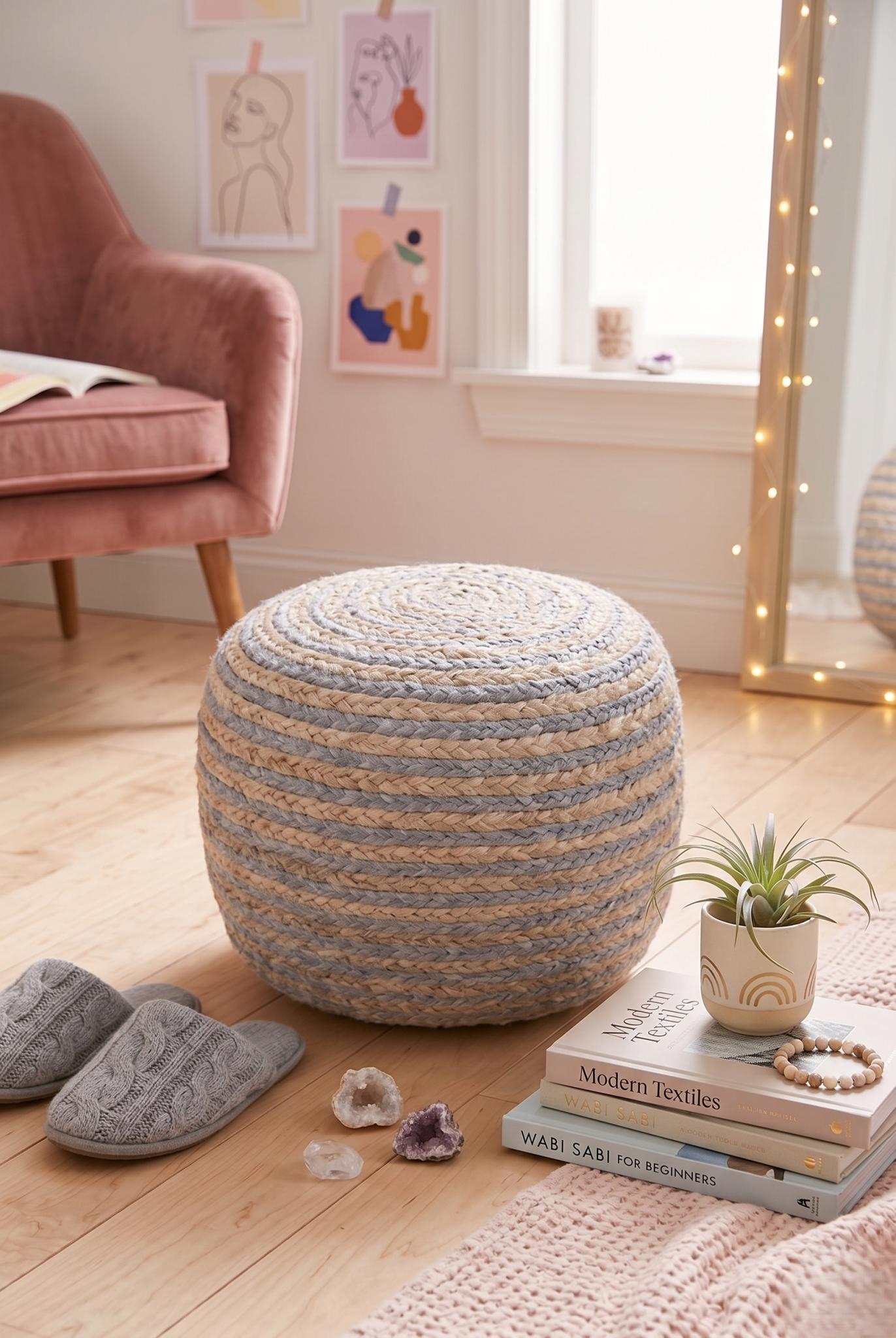 20" Gray Cotton Blend Striped Round Pouf Ottoman