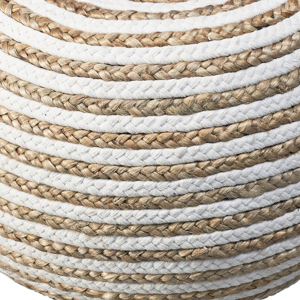 20" White Cotton Blend Round Striped Pouf Ottoman