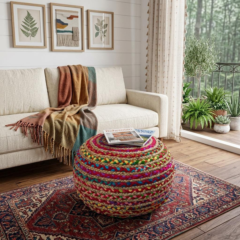 20" Rainbow Cotton Blend Round Striped Pouf Ottoman