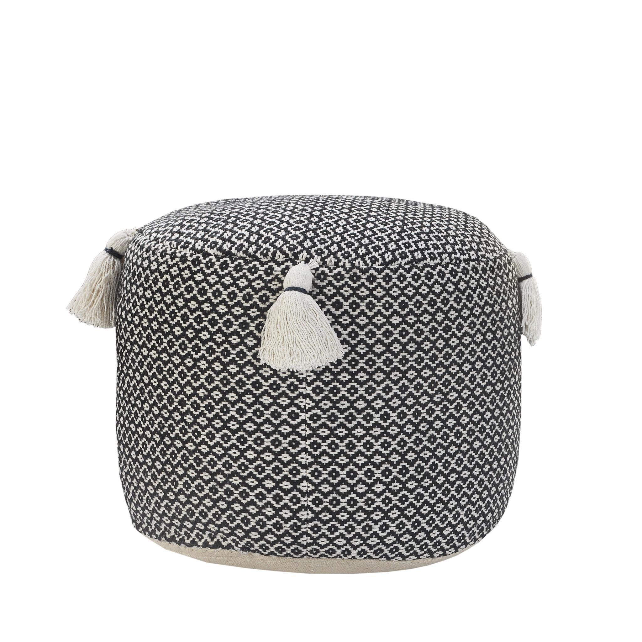 18" Black Cotton Cylinder Geometric Pouf Ottoman