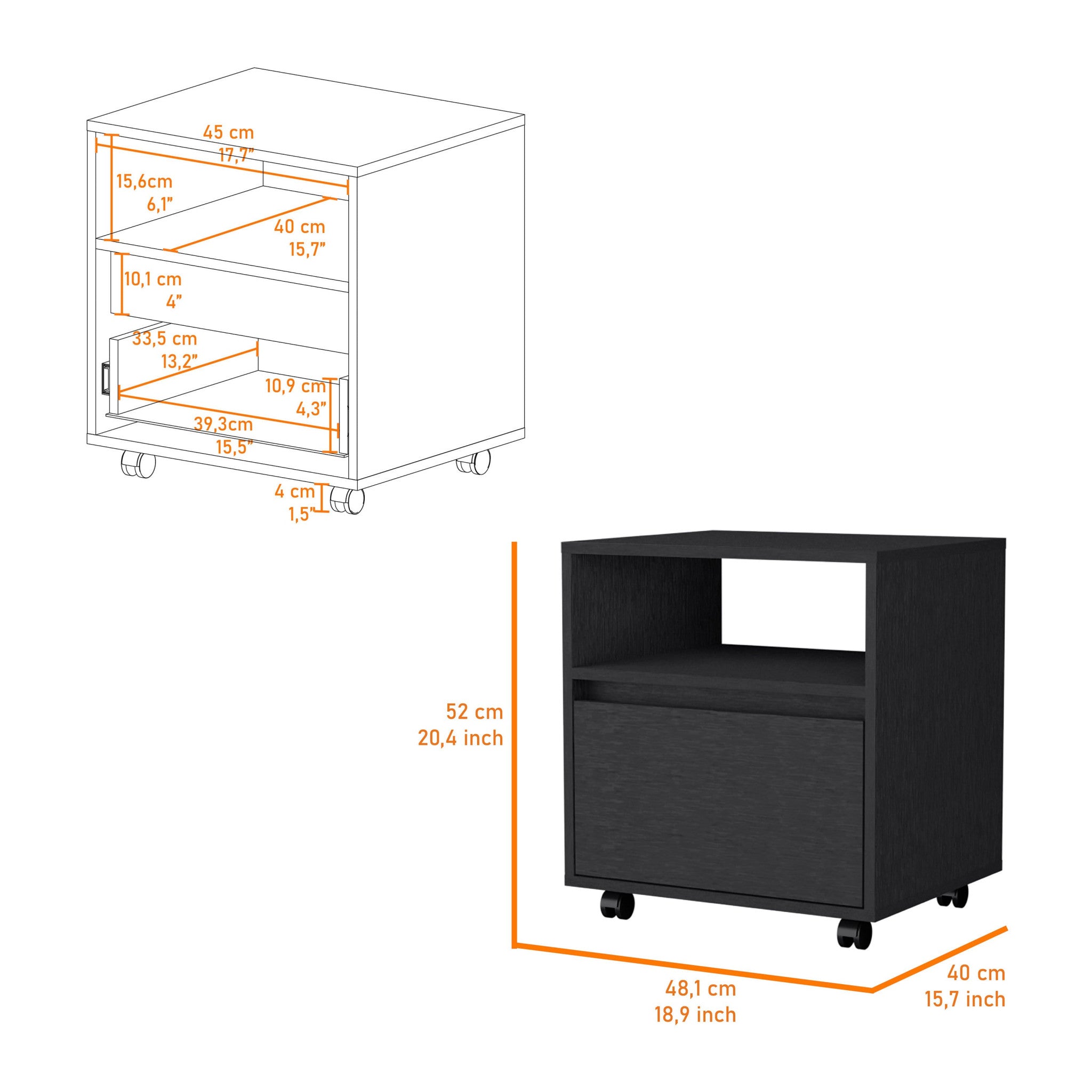 21" Black Wood One Drawer Nightstand with Integrated Tech