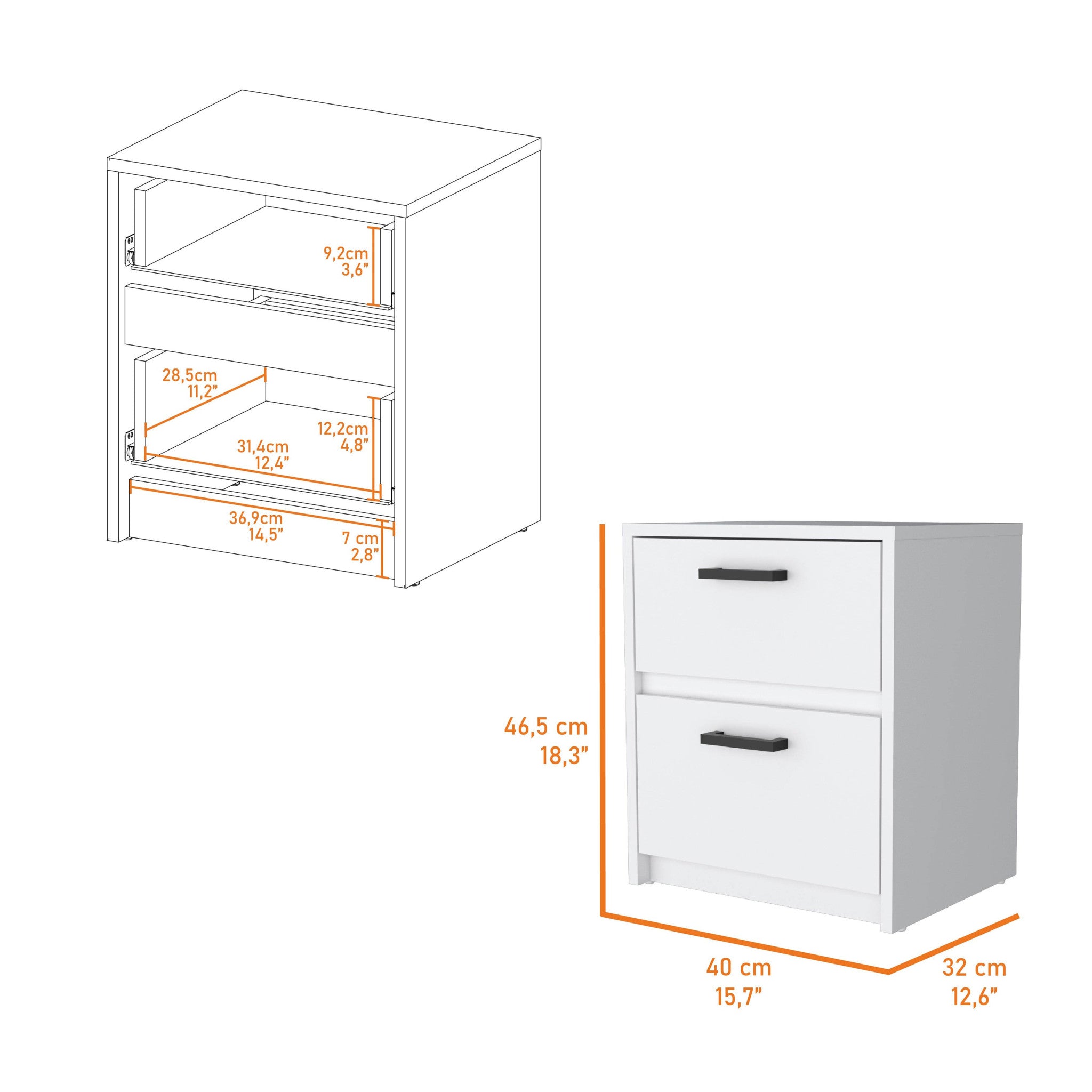 19" White Wood Two Drawer Nightstand with Integrated Tech