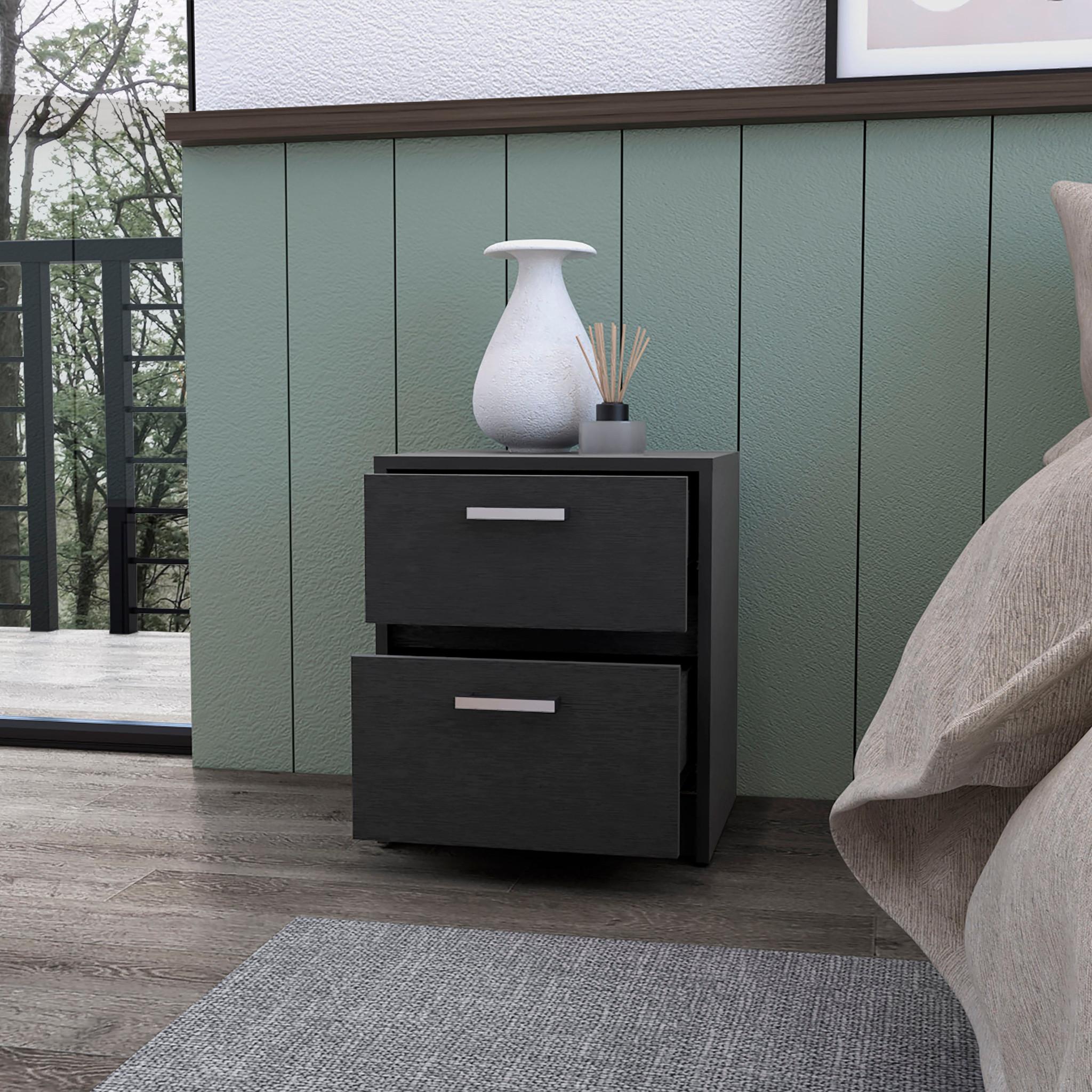 19" Black Wood Two Drawer Nightstand with Integrated Tech