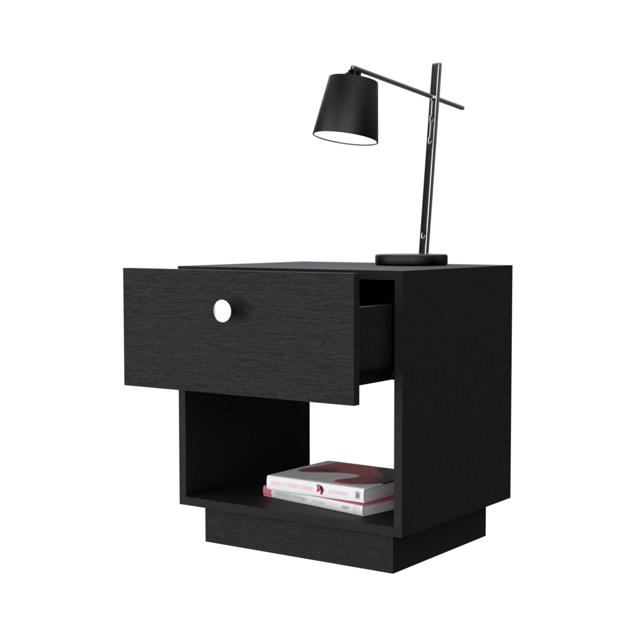 20" Black Wood One Drawer Nightstand with Integrated Tech