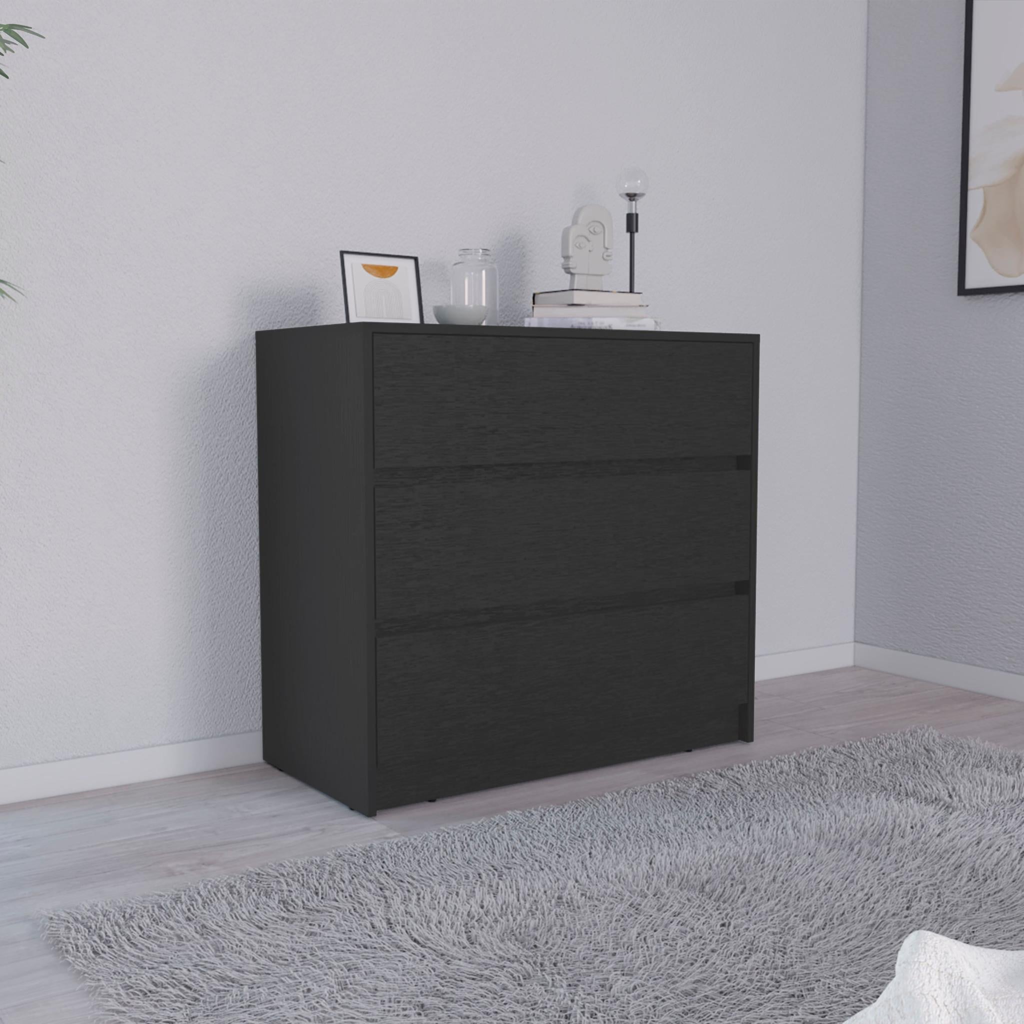 33" Black Wood Three Drawer Dresser