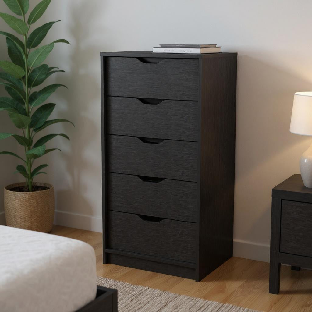 18" Black Charcoal Manufactured Wood Five Drawer Tall and Narrow Dresser