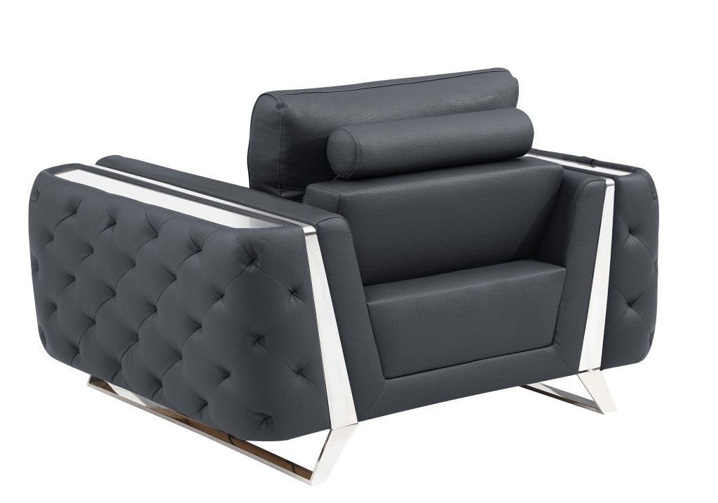 50" Dark Gray And Silver Faux Leather Tufted Club Chair