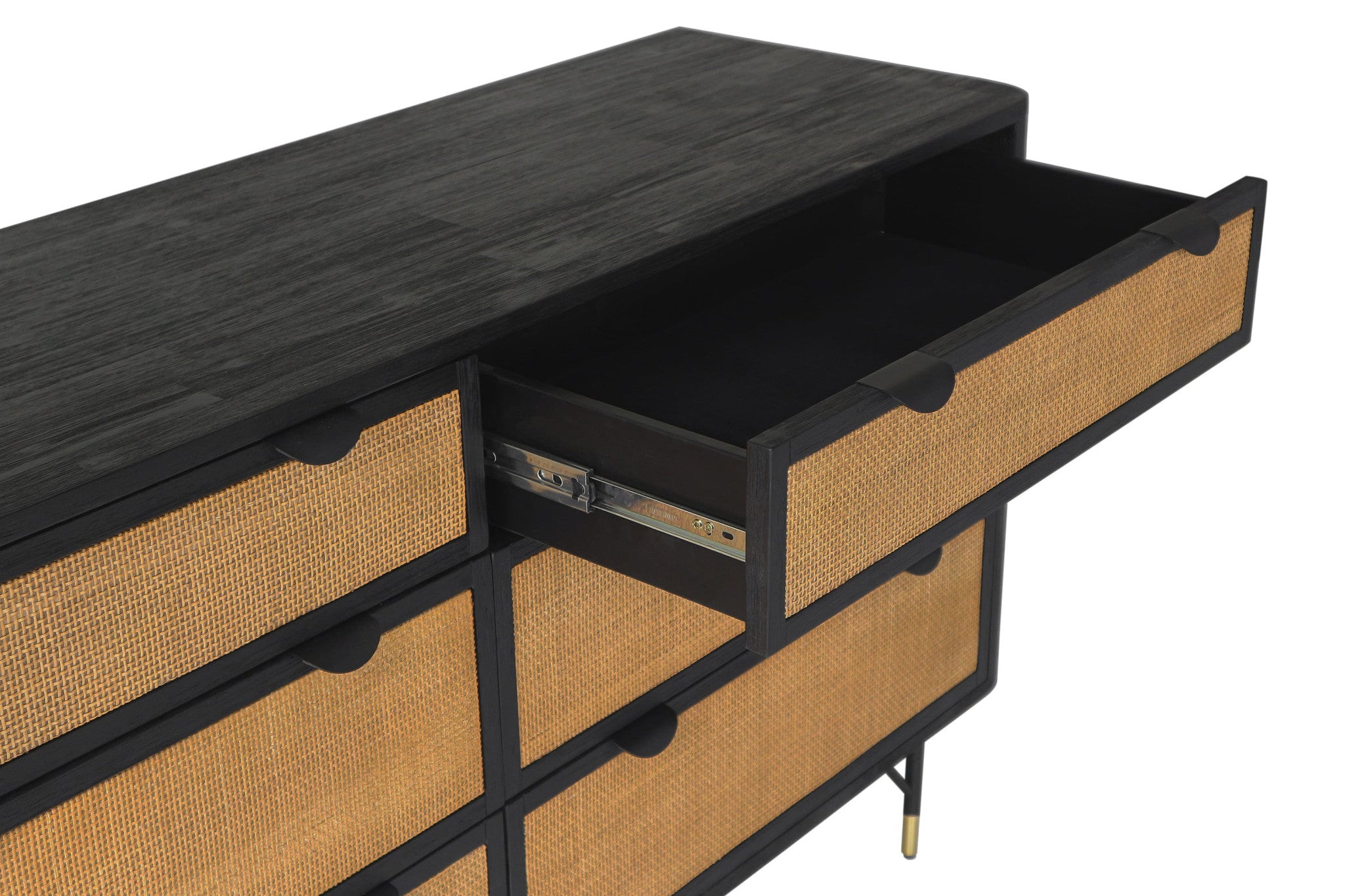 61" Black And Natural Solid Wood Six Drawer Double Dresser