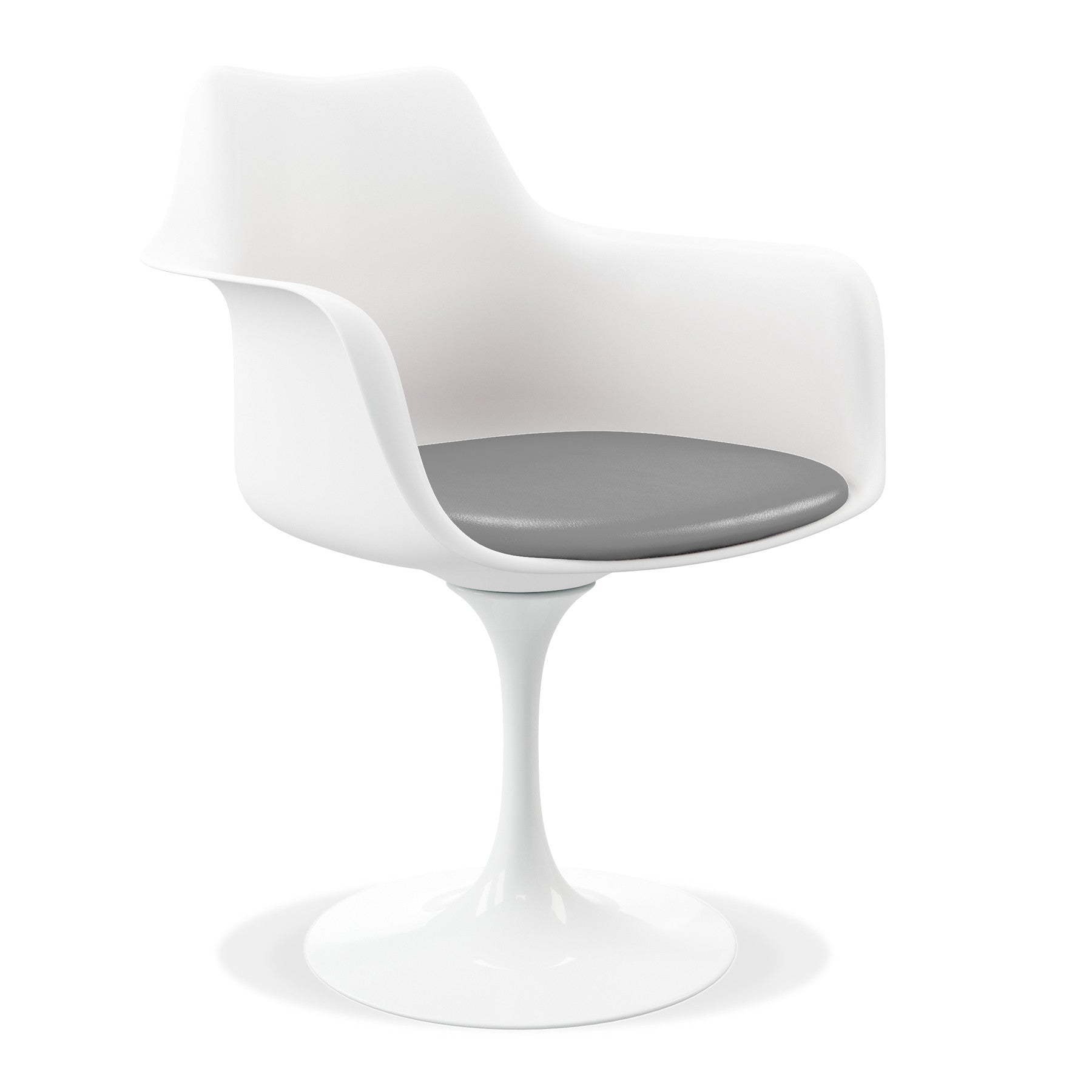 White Heavy Duty Plastic Swivel Dining Arm Chair With Gray Faux Leather Cushion