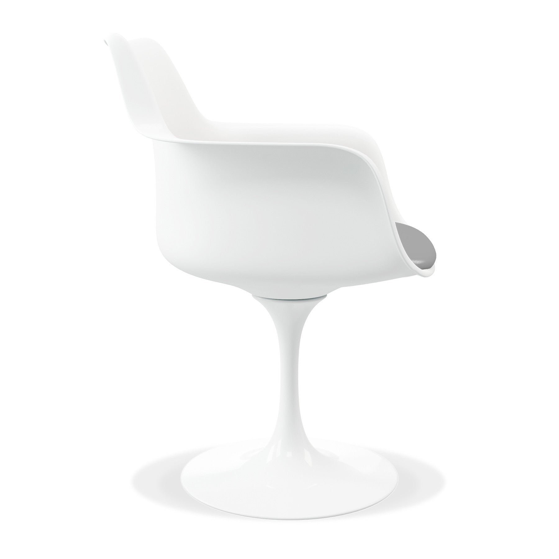 White Heavy Duty Plastic Swivel Dining Arm Chair With Gray Faux Leather Cushion