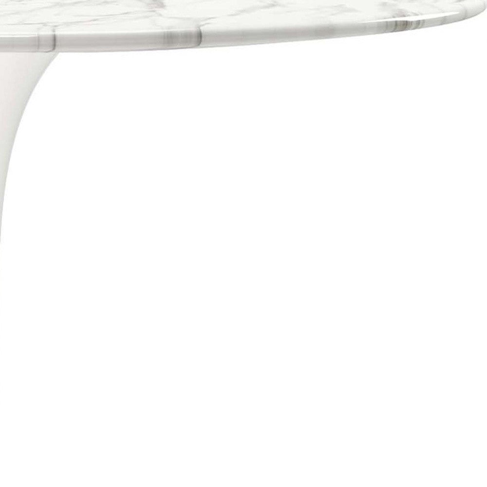 32" White Rounded Marble And Metal Pedestal Base Dining Table