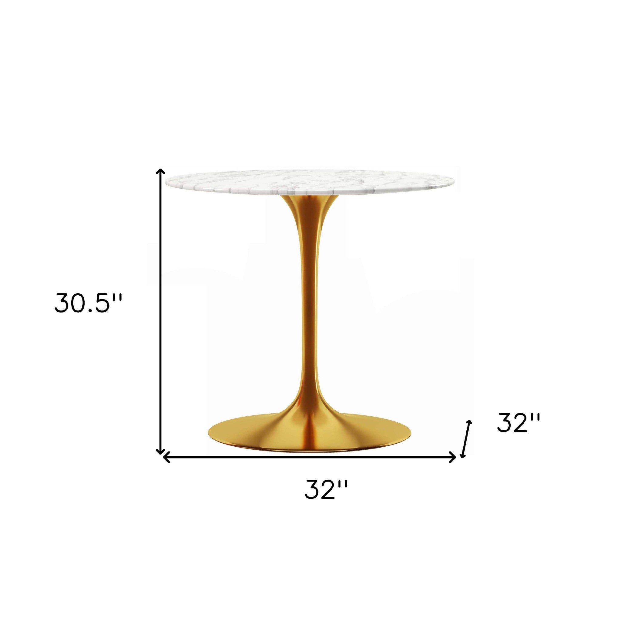 32" White And Gold Marble And Metal Dining Table