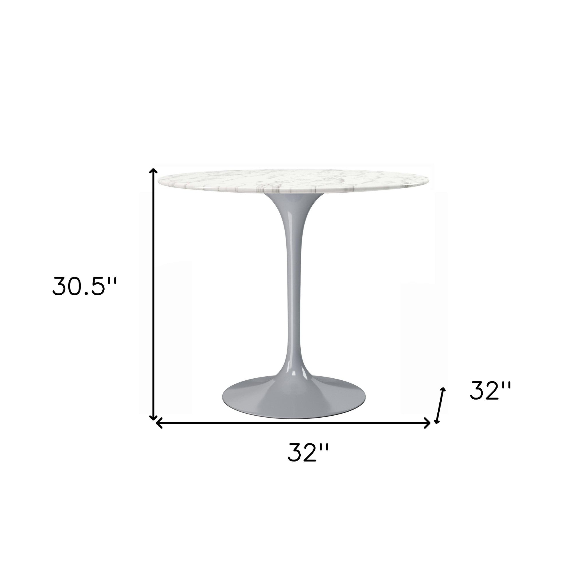 32" White And Gray Rounded Stone And Metal Pedestal Base Dining Table