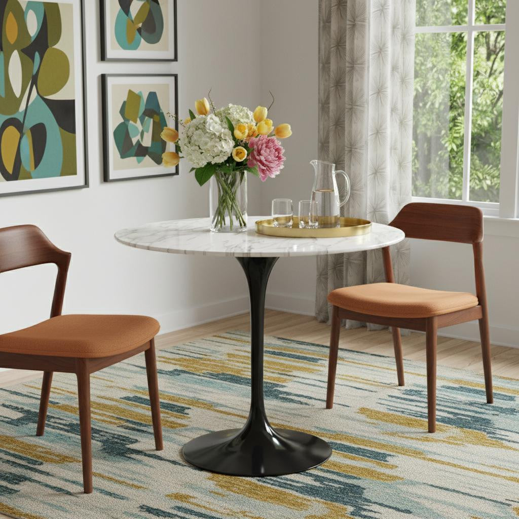 32" White And Black Marble And Metal Dining Table