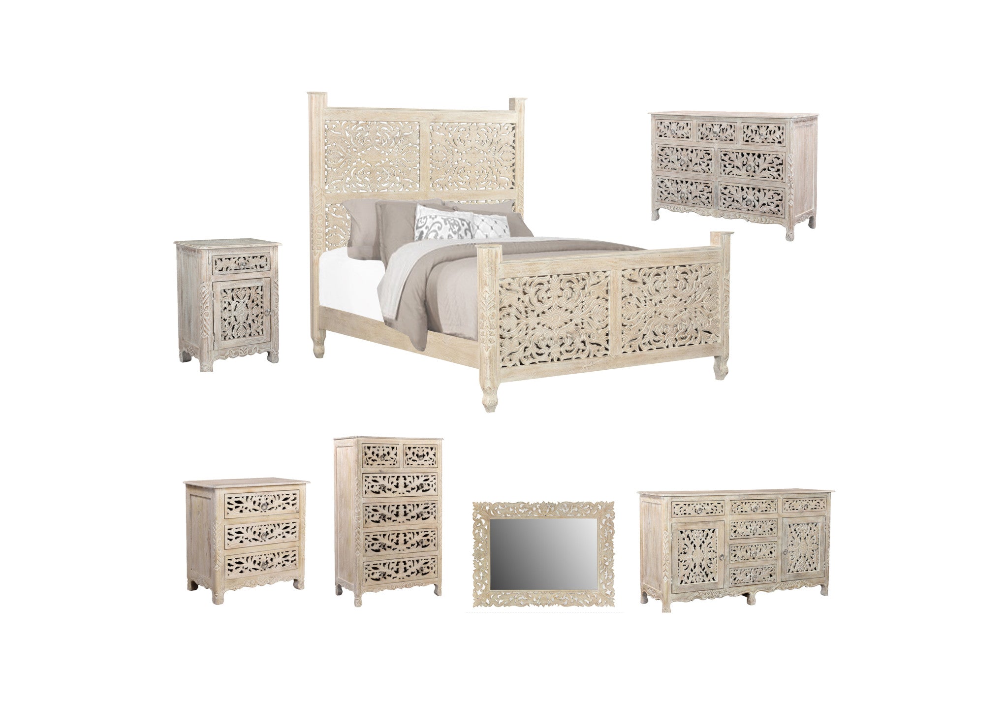 White Carved Floral Distressed Solid Wood Queen Bed Frame