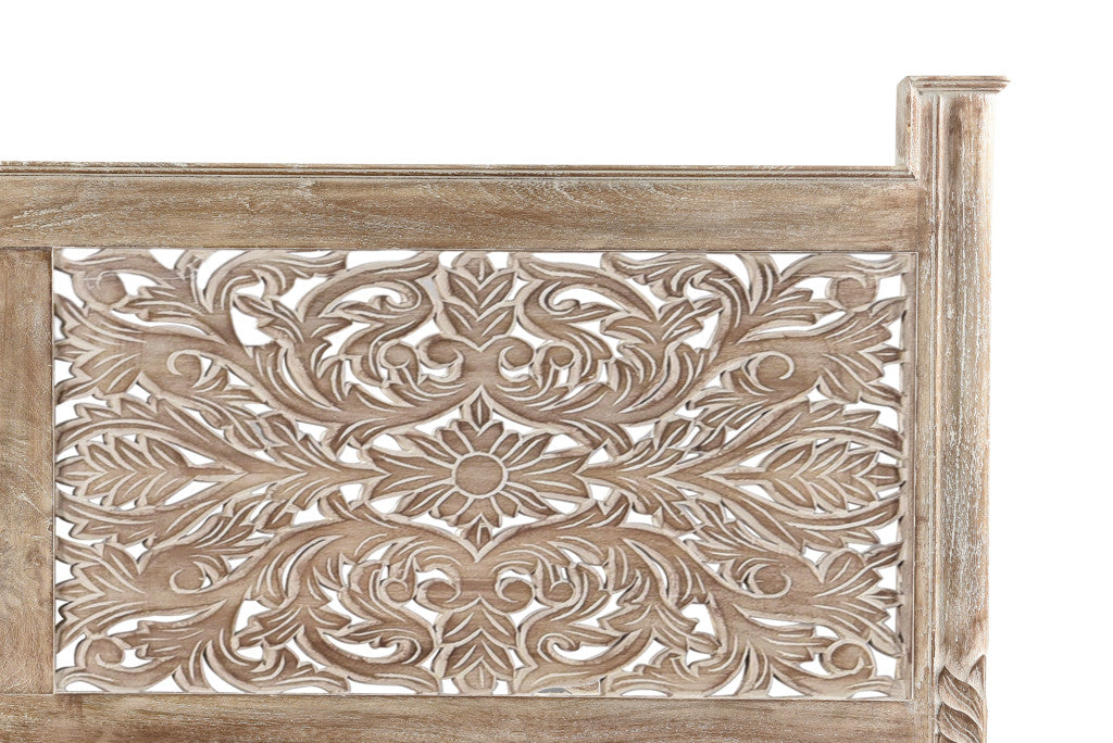 Gray Carved Floral Distressed Solid Wood Queen Bed Frame