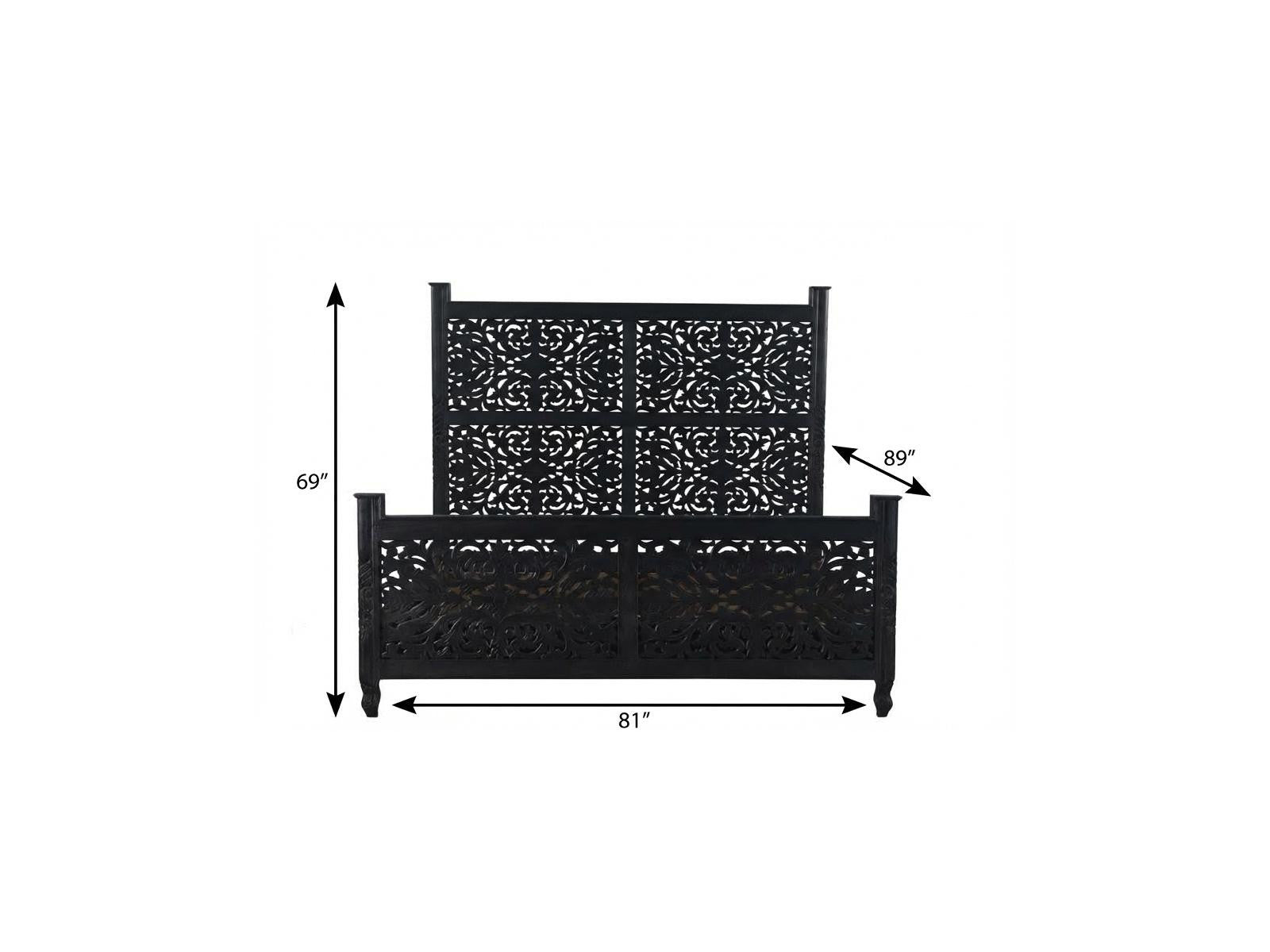 Carved Solid Wood King Black Bed