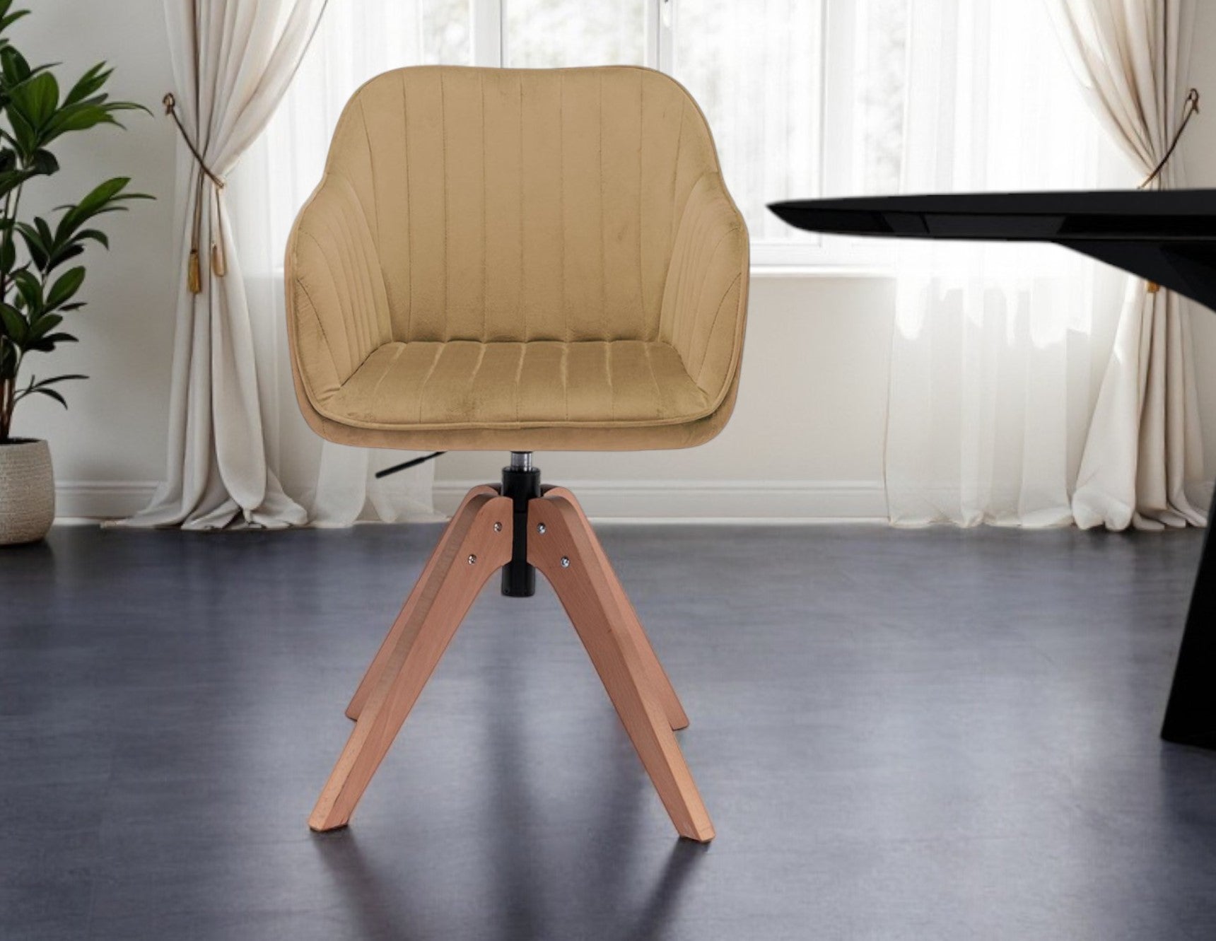 Tufted Champagne and Natural Upholstered Velvet Dining Arm Chair
