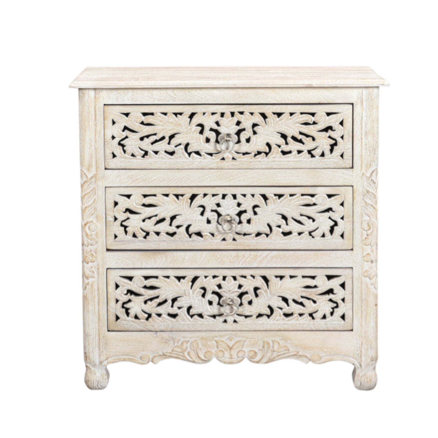 30" White Solid Wood Distressed Three Drawer Nightstand